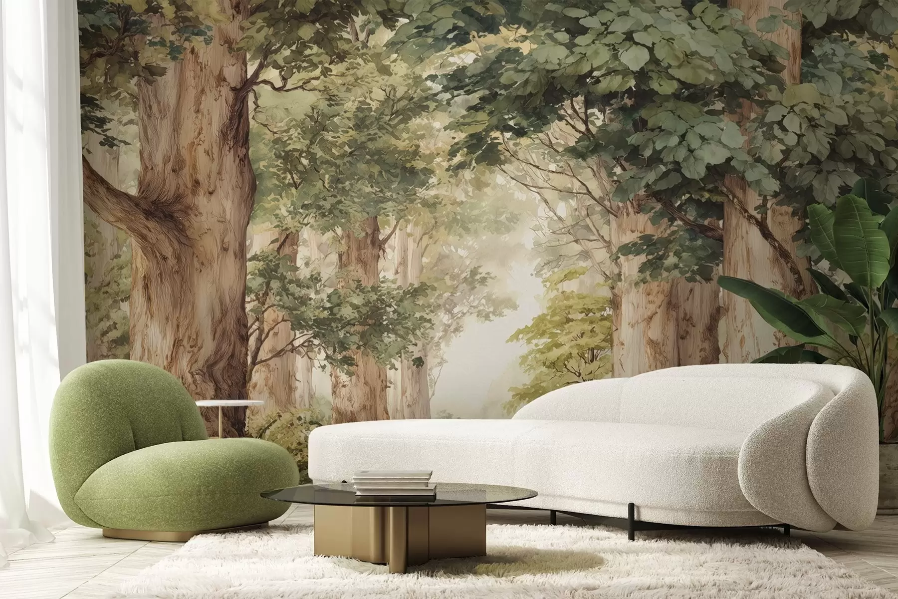 Fototapety Lesná cesta medzi majestátnymi stromami v akvarelovom štýle w09404