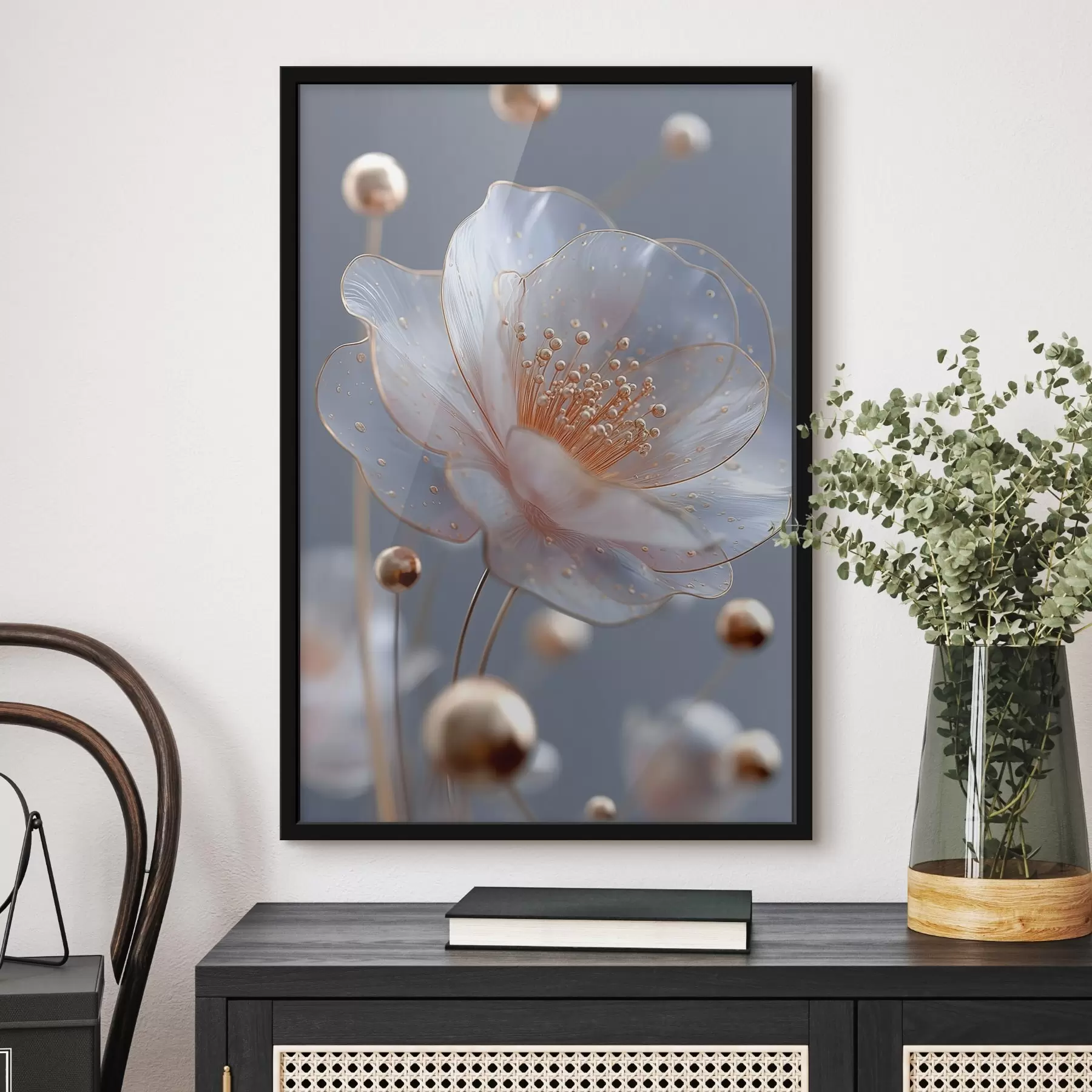 Fototapety Priehľadná kvetina s medenými tyčinkami na modrom pozadí f45880