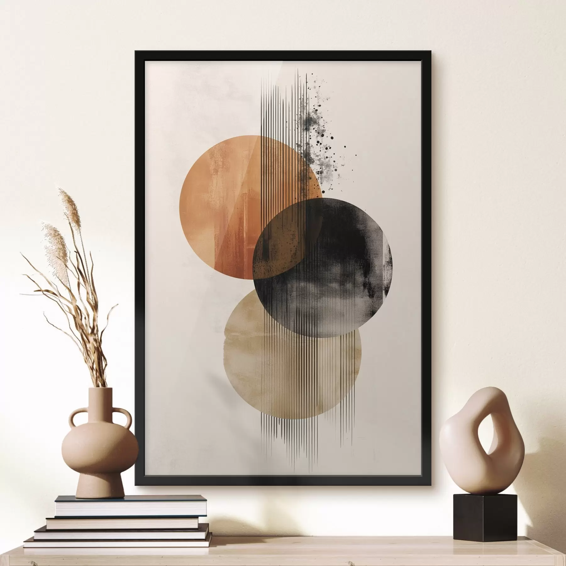 Fototapety Tri textúrované kruhy s čiarami v terakotovo-čiernej farebnej palete f45885