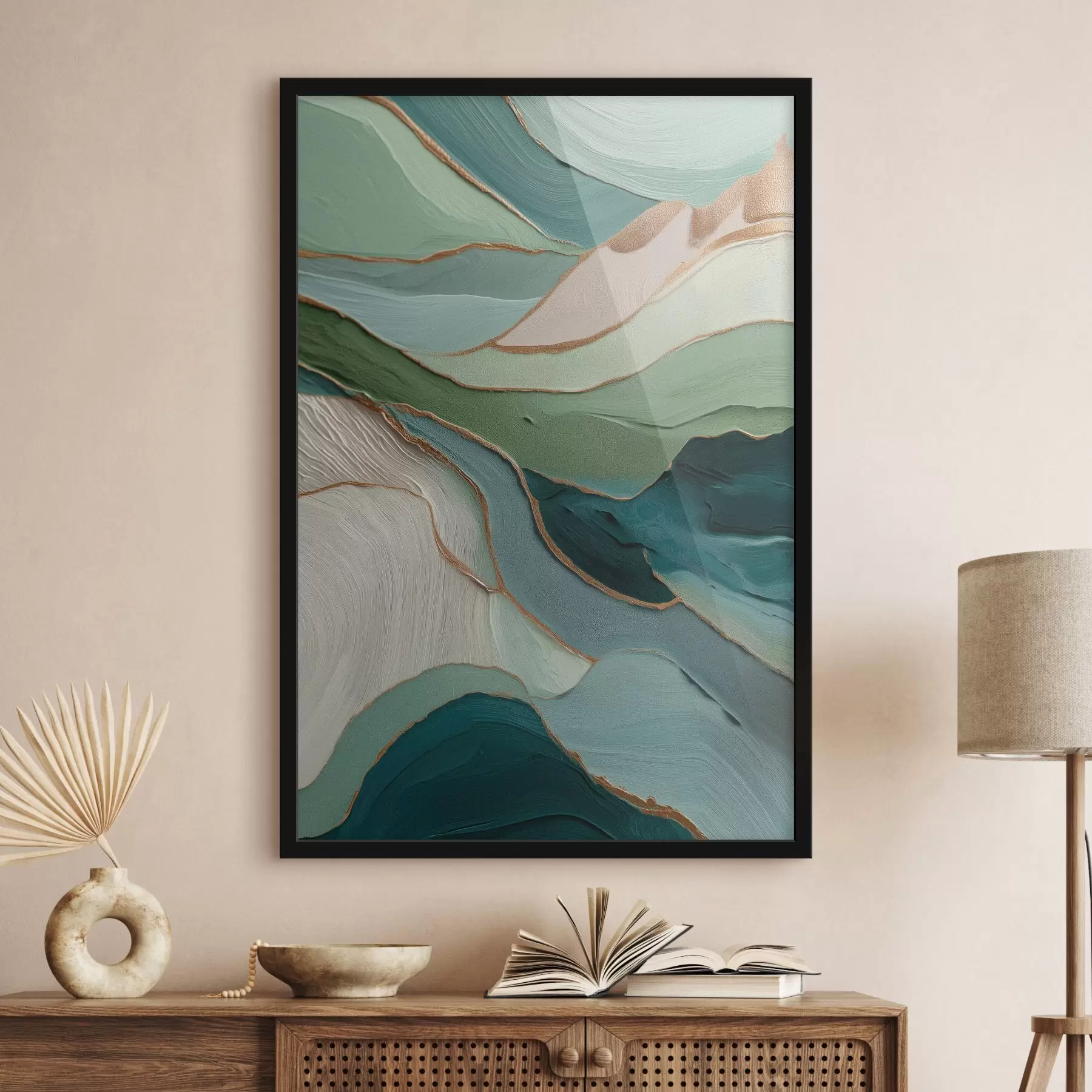 Fototapety Vrstvená zelená abstrakcia so žltými čiarami a hĺbkou f45902