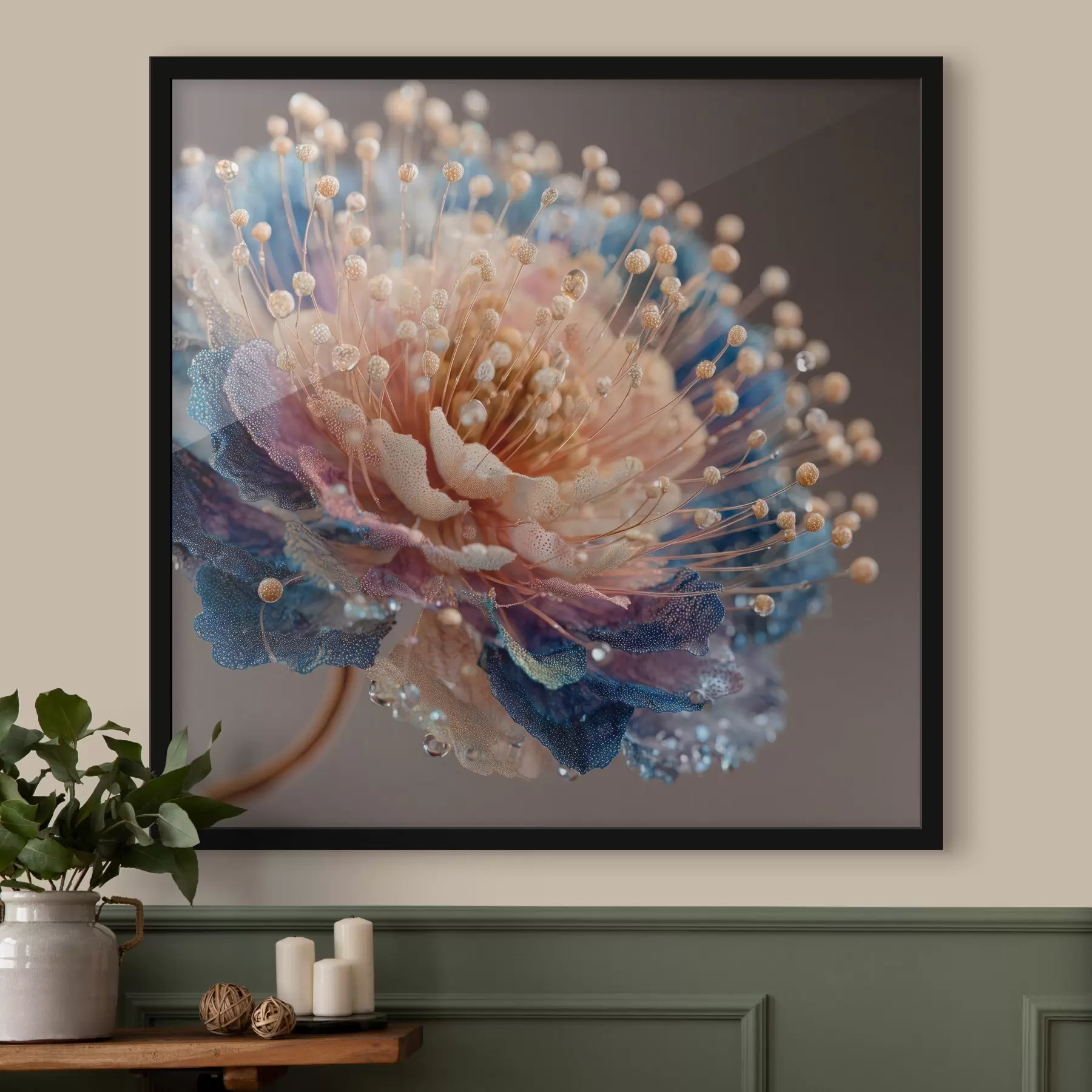 Fototapety Perleťový kvet s kvapkami rosy, broskyňovo-modrými okvetnými lístkami f45911