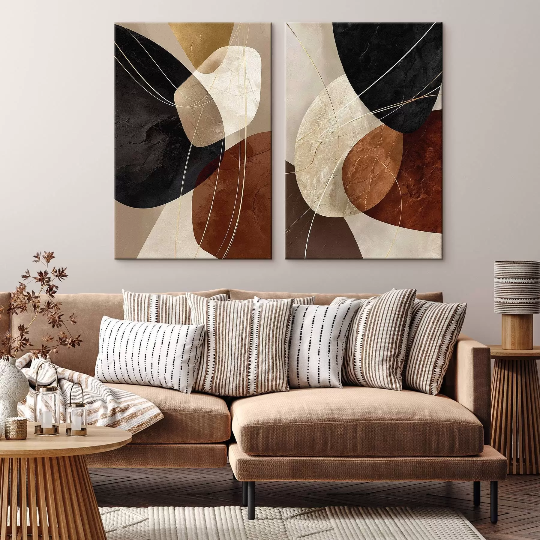 Obraz Geometrické ovály v teplej farebnej palete so žltými čiarami m00763