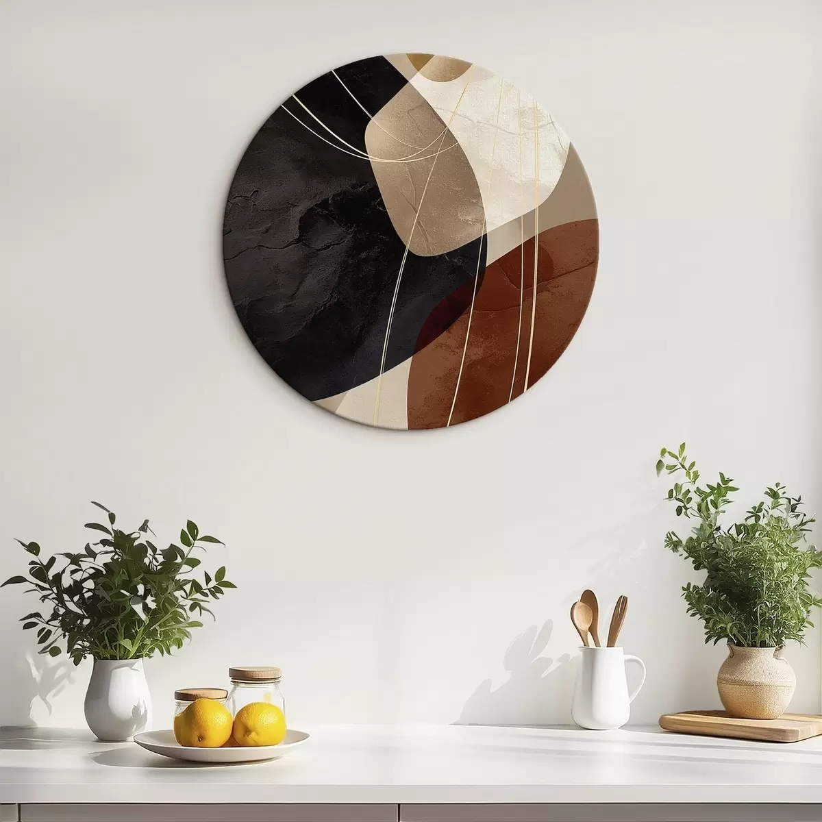 Okrúhle obrazy Geometrické tvary v teplej farebnej palete, jemné línie r45879