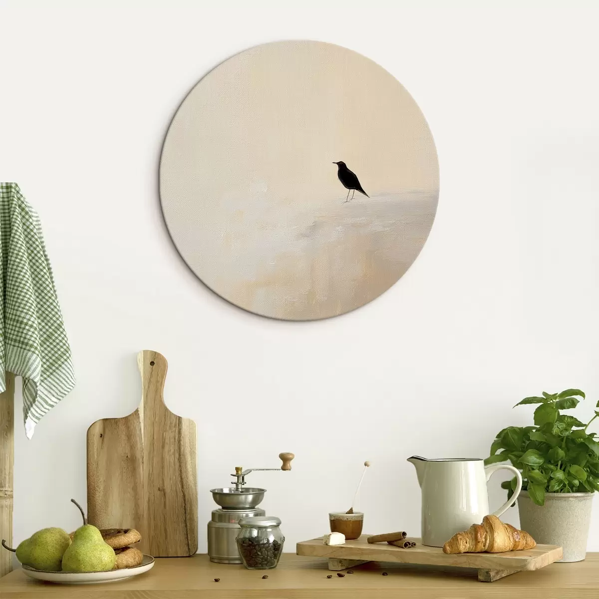 Okrúhle obrazy Osamelý vták na teplom béžovom pozadí r45882