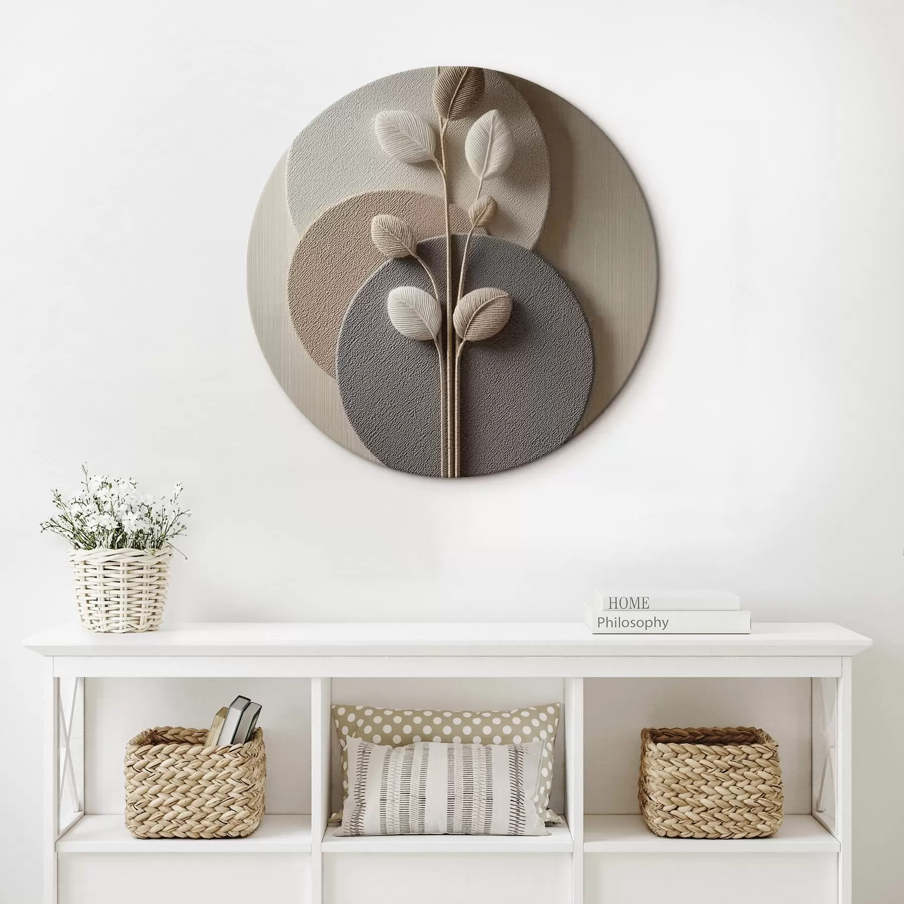 Obraz Reliefné kruhy a vetvička v teplých neutrálnych tónoch r45883