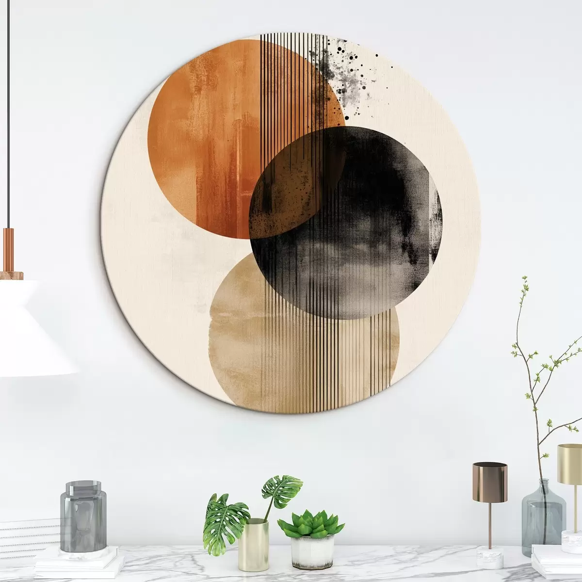 Okrúhle obrazy Tri textúrované kruhy s čiarami v terakotovo-čiernej farebnej palete r45885 Okrúhle obrazy Tri textúrované kruhy s čiarami v terakotovo-čiernej farebnej palete r45885