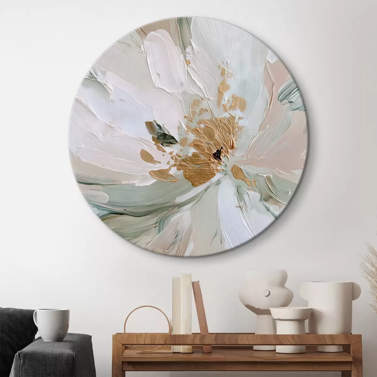 Okrúhle obrazy Pastelová impasto kvetina so žltými akcentmi r45900