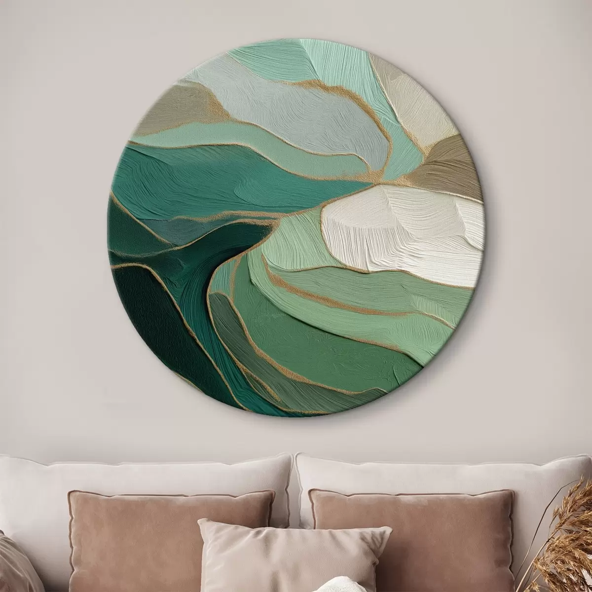 Okrúhle obrazy Šalviovo zelená abstrakcia so žltým obrysom r45901 Okrúhle obrazy Šalviovo zelená abstrakcia so žltým obrysom r45901