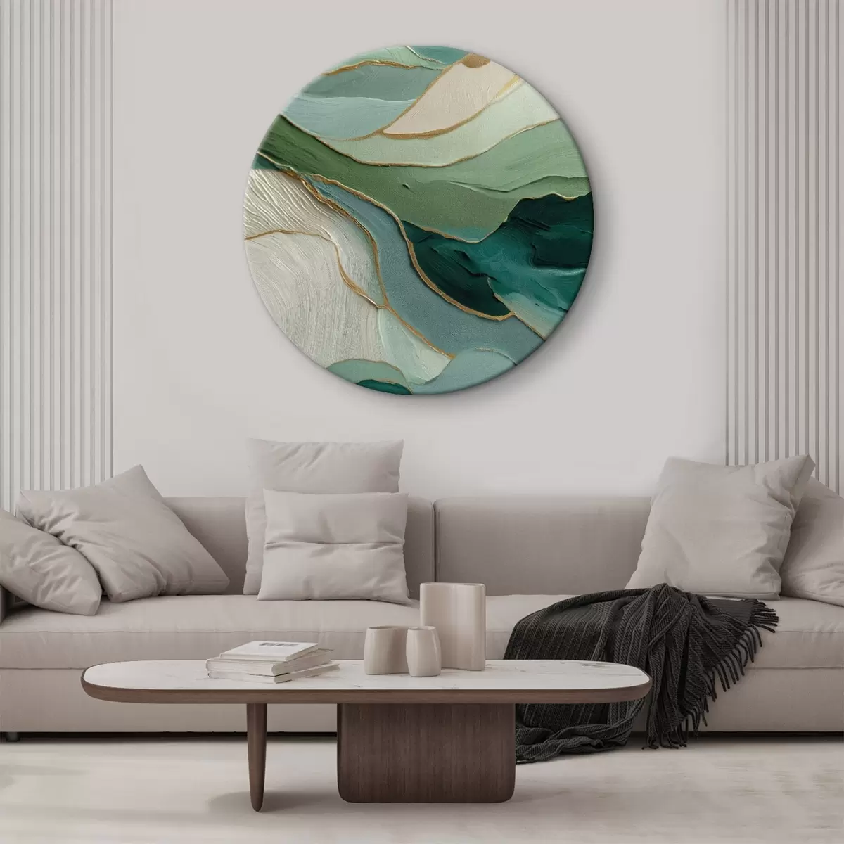 Okrúhle obrazy Vrstvená zelená abstrakcia so žltými čiarami a hĺbkou r45902 Okrúhle obrazy Vrstvená zelená abstrakcia so žltými čiarami a hĺbkou r45902