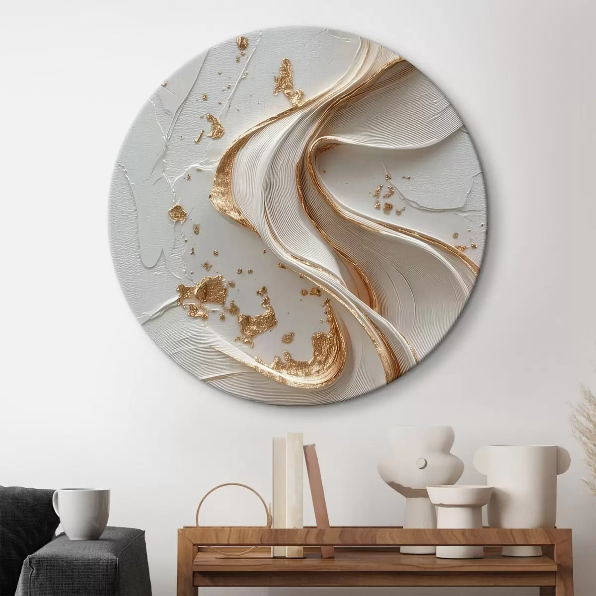 Okrúhle obrazy Bielo-žlté textúrované ťahy s kovovými akcentmi r45906 Okrúhle obrazy Bielo-žlté textúrované ťahy s kovovými akcentmi r45906