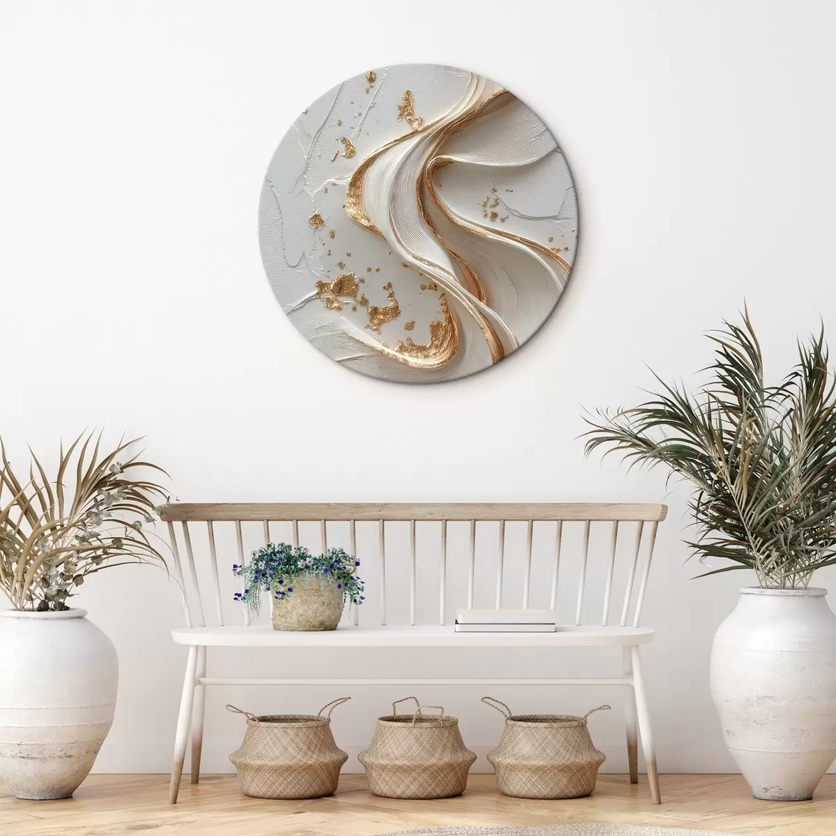 Okrúhle obrazy Bielo-žlté textúrované ťahy s kovovými akcentmi r45906