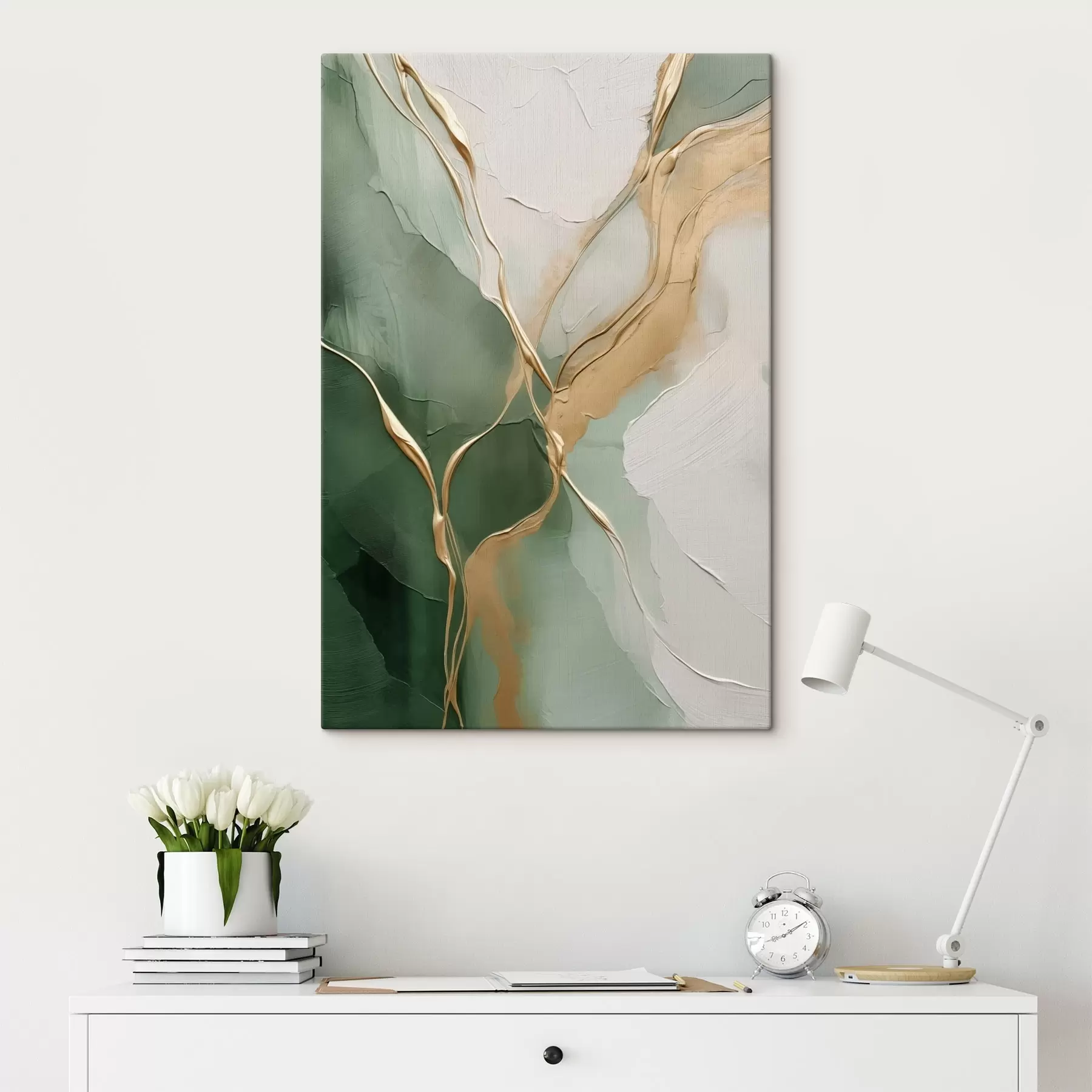 Obraz Smaragdovo-krémová abstrakcia so žltými potôčikmi s45887