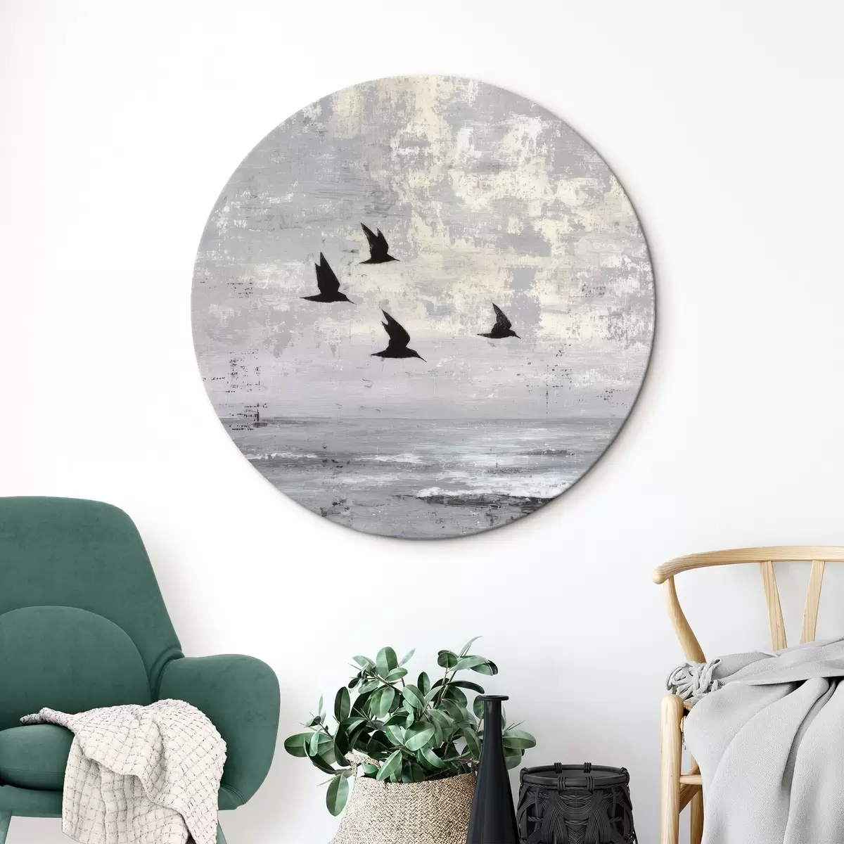 Okrúhle obrazy Abstraktná krajina s vtákmi r45988