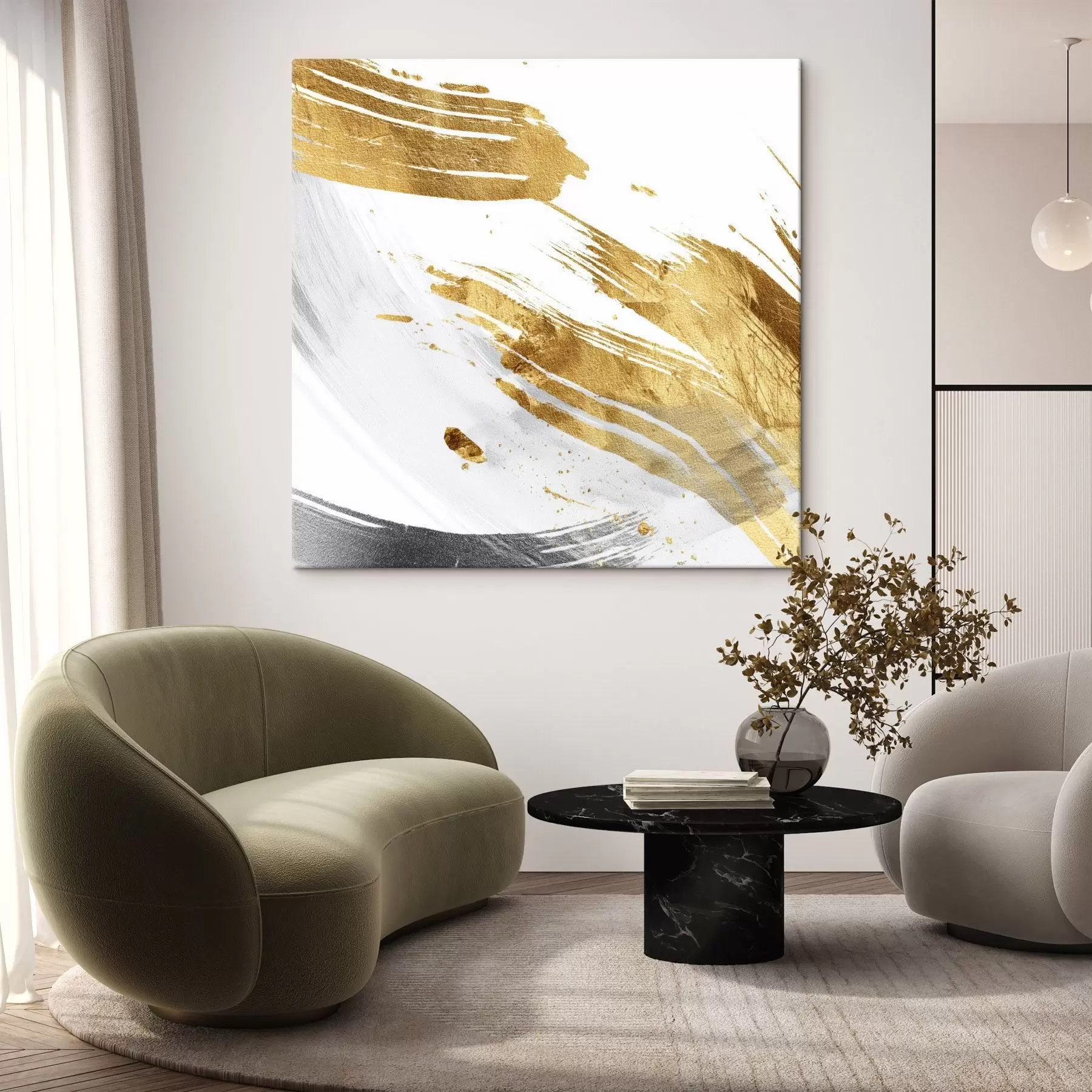 Obraz Dynamické ťahy v bielych a žlto-sivých odtieňoch s45866