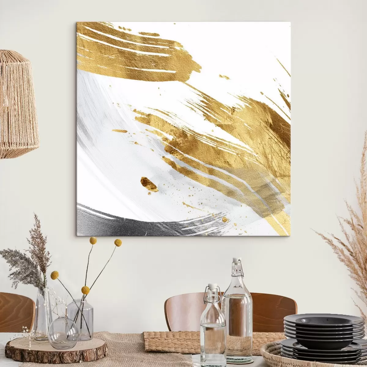 Obraz Dynamické ťahy v bielych a žlto-sivých odtieňoch s45866