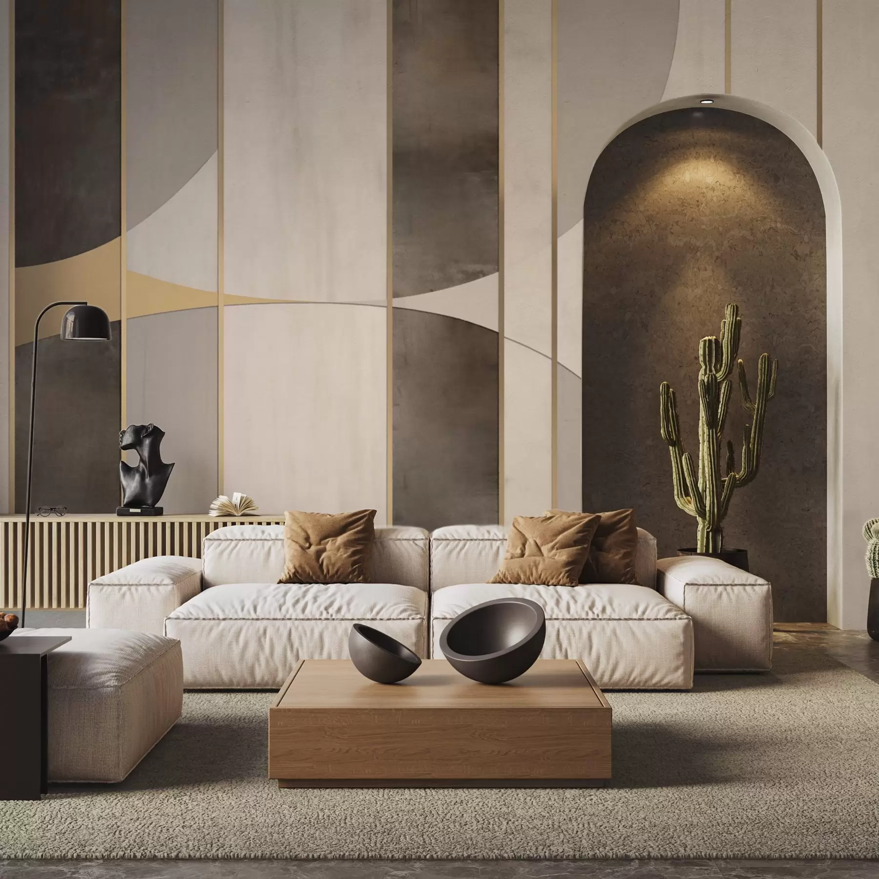 Fototapety Geometrické panely s oblúkmi a šampanskými akcentmi w04616