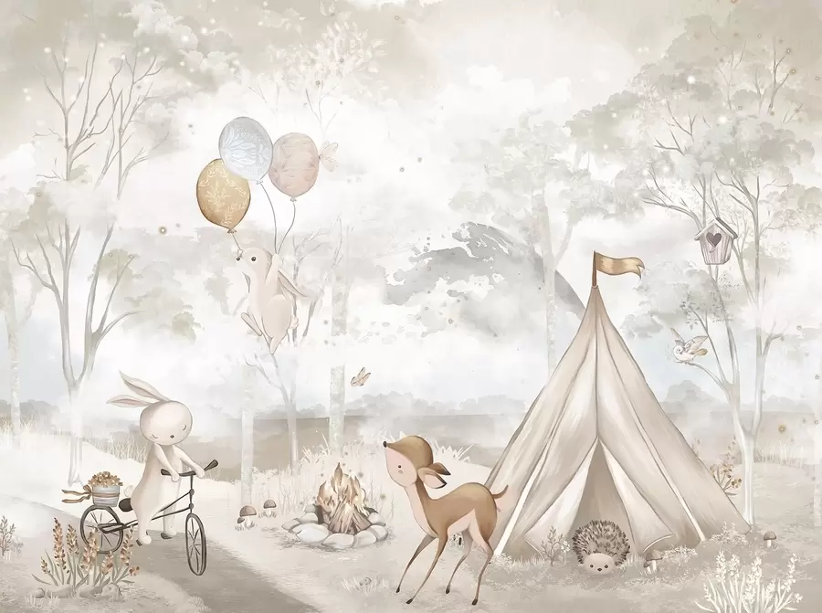 Fototapety Detský tábor v teplých béžových odtieňoch, stan a lesné zvieratá w04671