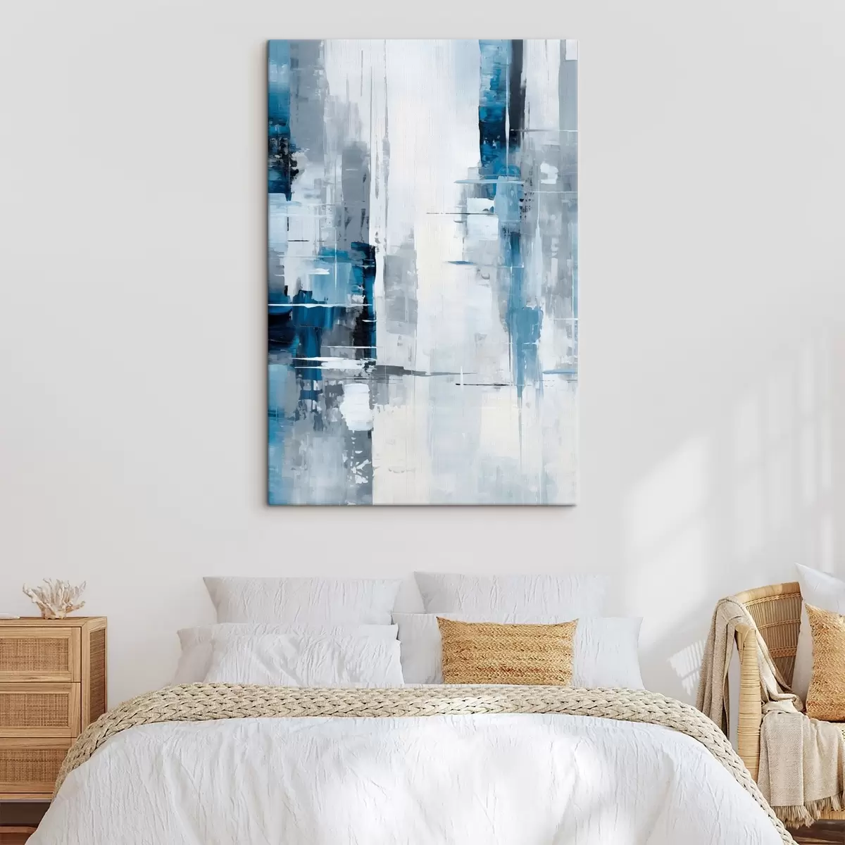 Obraz Abstraktná maľba s modrou, šedou a bielou farbou, vertikálnymi čiarami a geometrickými tvarmi s45926