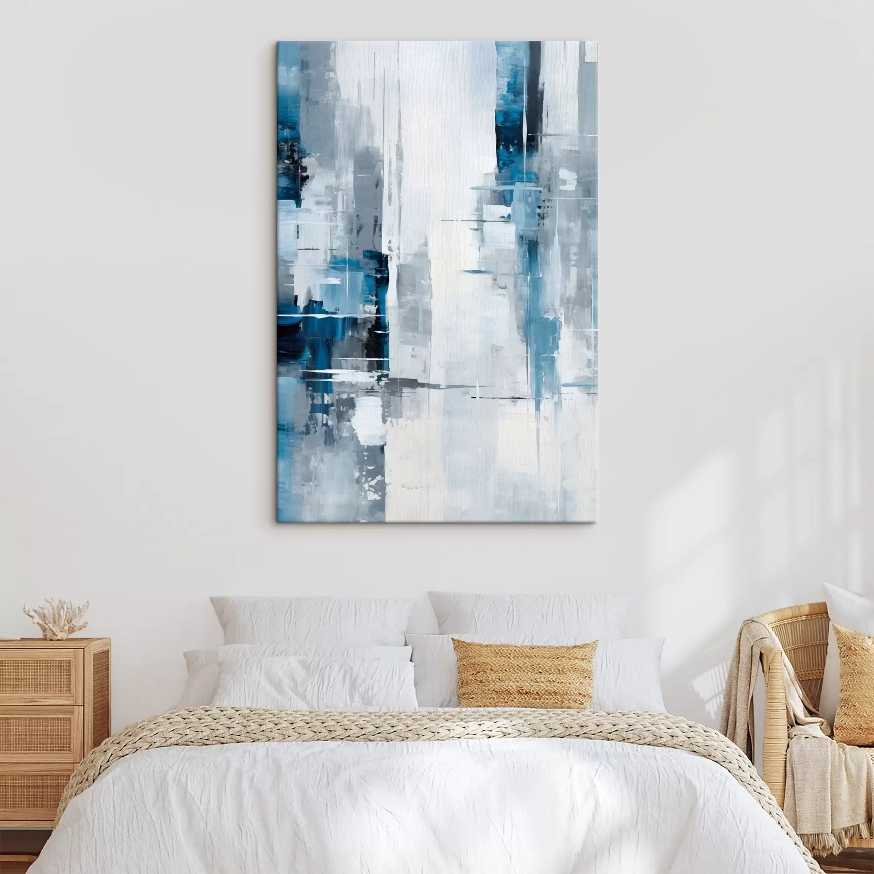 Obraz Abstraktná maľba s modrou, šedou a bielou farbou, vertikálnymi čiarami a geometrickými tvarmi s45926