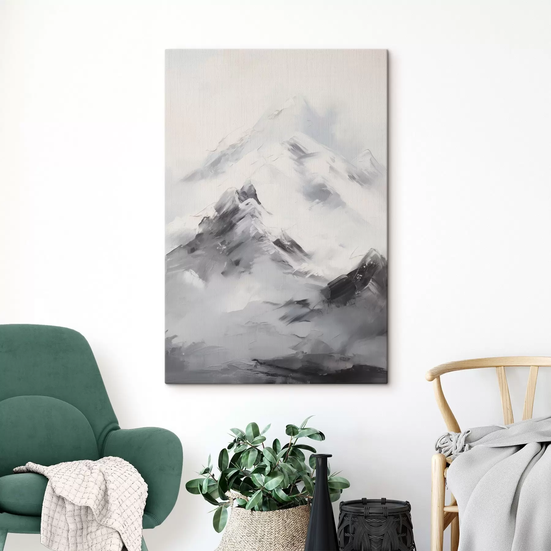 Obraz Zasnežené horské vrcholy so sivými tieňmi, sivá obloha, ťahy štetcom, textúrované, minimalistické s45933