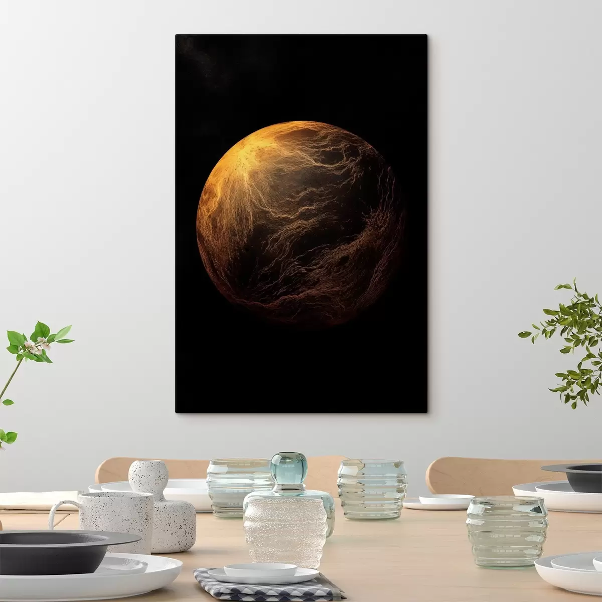 Obraz Abstraktná planéta s oranžovými žilami na čiernom vesmírnom pozadí, moderné minimalistické umenie s45943