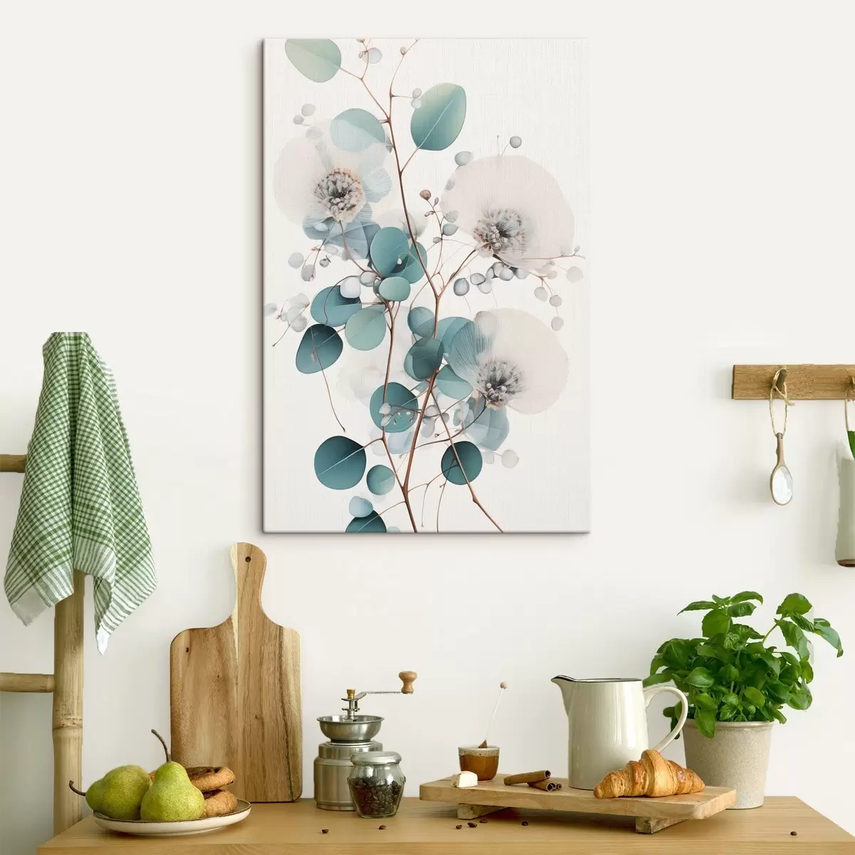 Obraz Abstraktné kvety eukalyptu s bielymi okvetnými lístkami, tlmené zelené listy na vetvách s45946