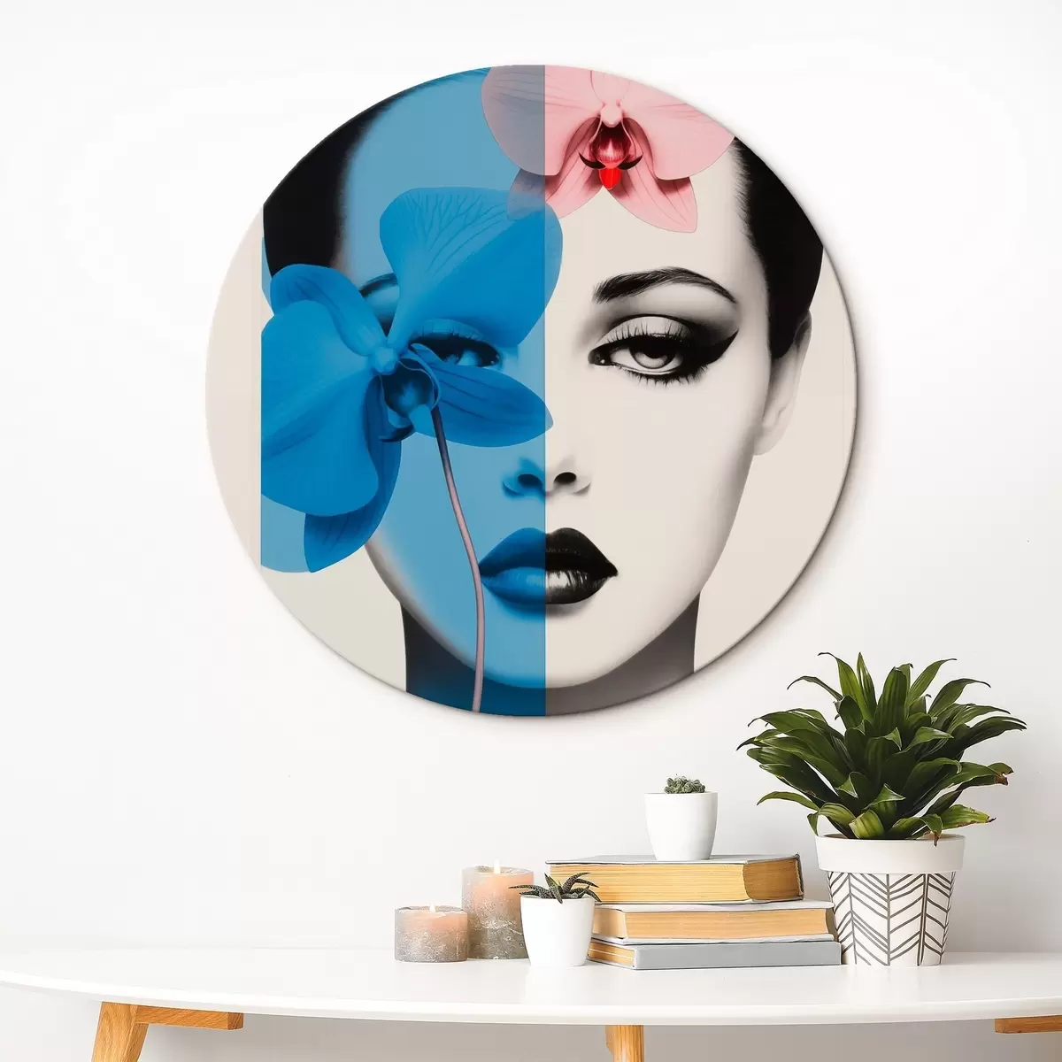 Okrúhle obrazy Abstraktný umelecký portrét ženy s orchideami r45924 Okrúhle obrazy Abstraktný umelecký portrét ženy s orchideami r45924