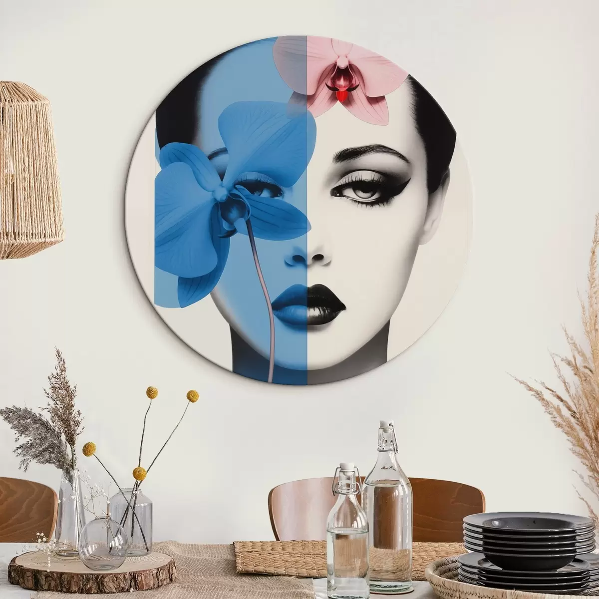 Okrúhle obrazy Abstraktný umelecký portrét ženy s orchideami r45924