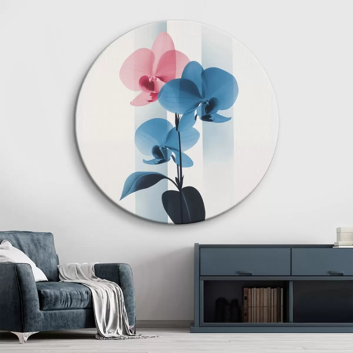 Okrúhle obrazy Orchidey s listami na bielom pozadí s vertikálnymi pruhmi r45925