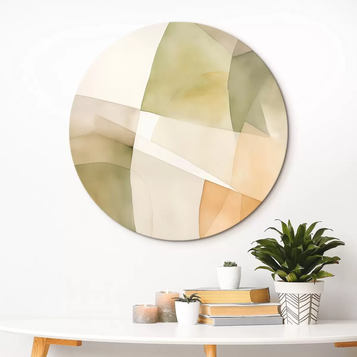 Okrúhle obrazy Abstraktné akvarelové geometrické tvary v odtieňoch zelenej, hnedej a béžovej farby r45928