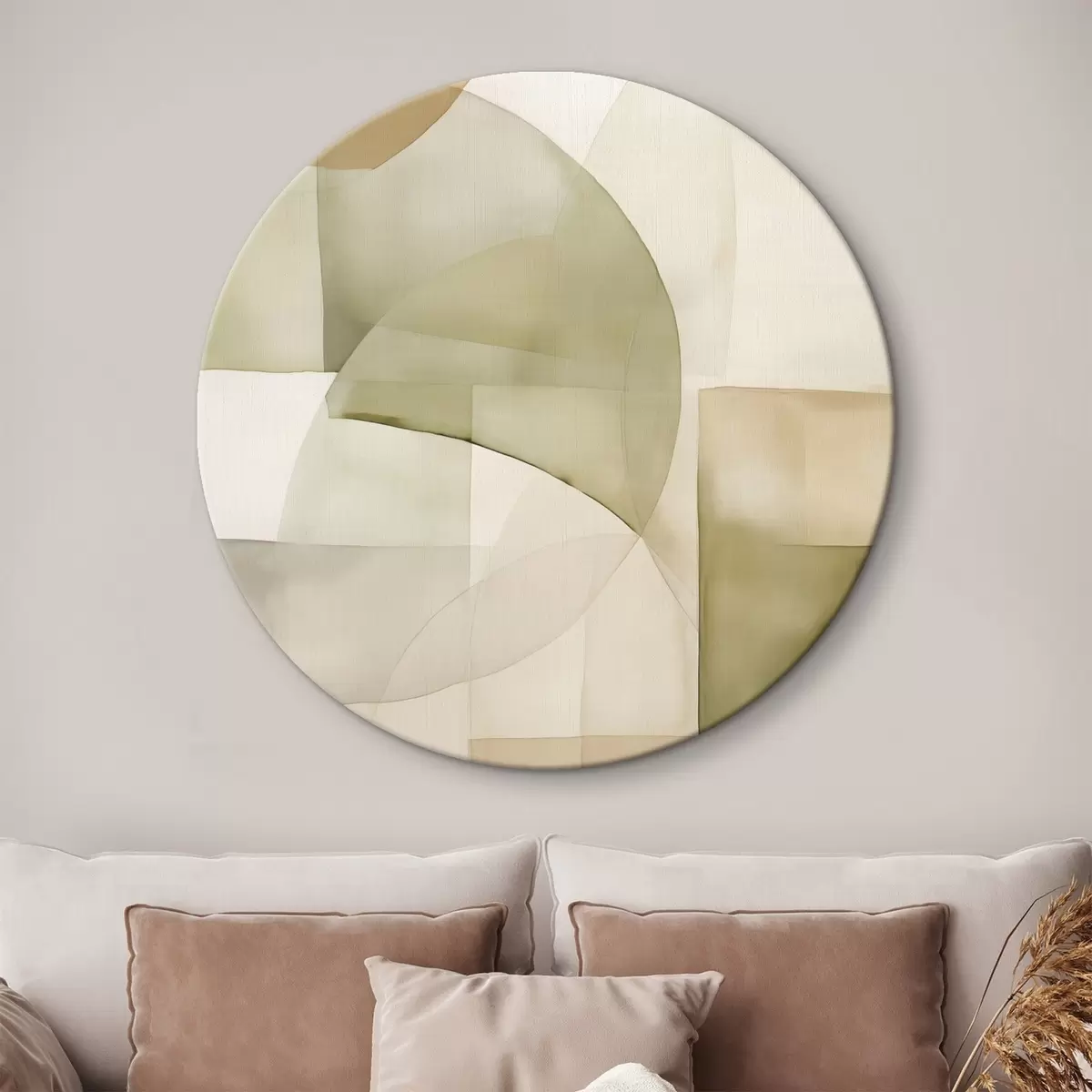 Okrúhle obrazy Abstraktné akvarelové geometrické tvary v odtieňoch zelenej, hnedej a béžovej farby r45929