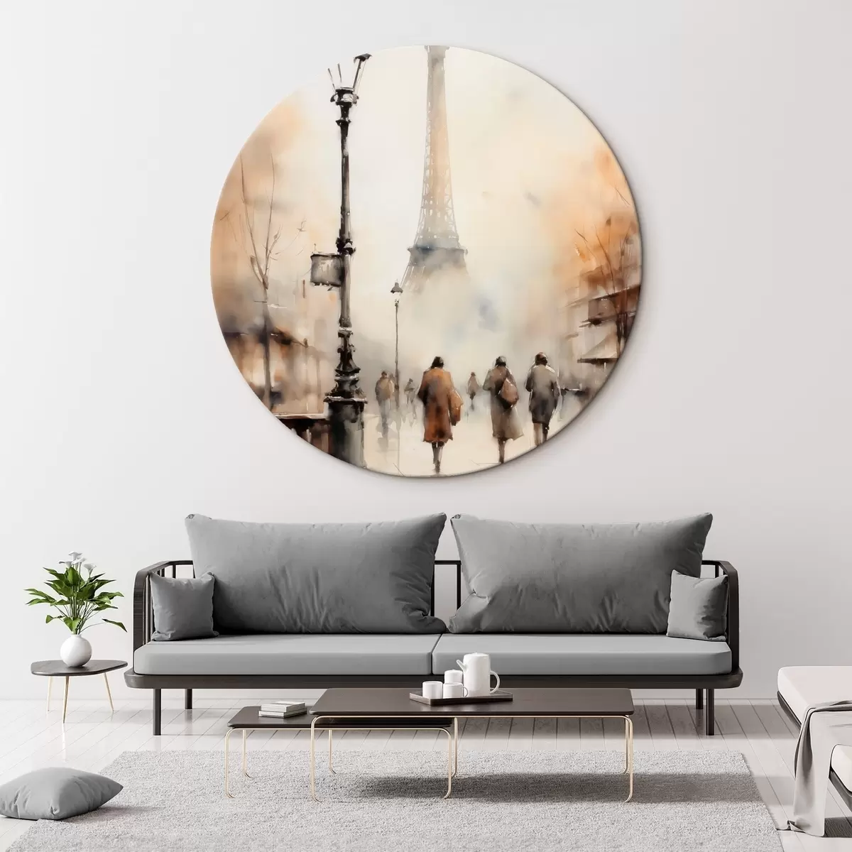 Okrúhle obrazy Daždivý jesenný deň v Paríži s Eiffelovou vežou v pozadí a historickými pouličnými lampami r45931