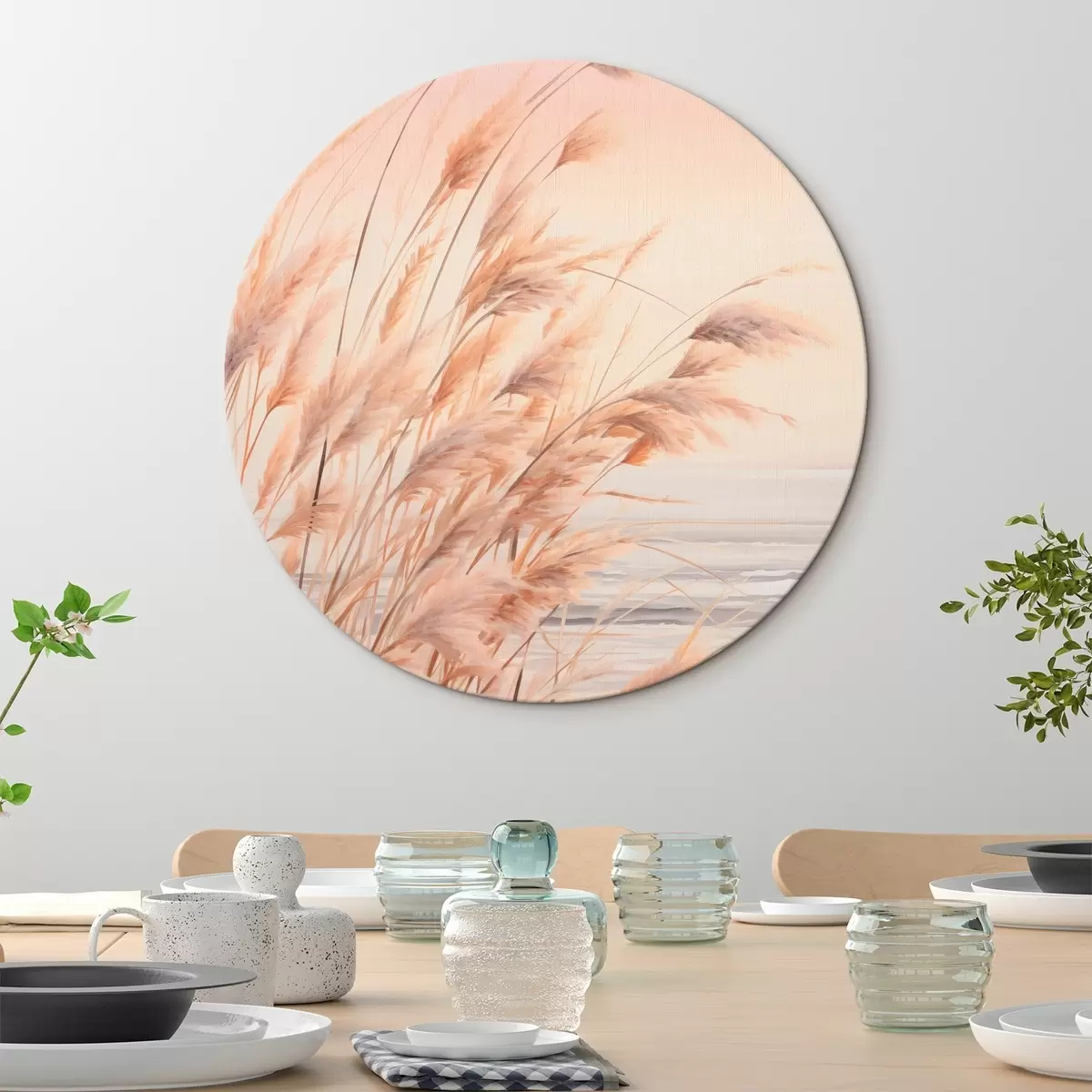 Okrúhle obrazy Pampasová tráva s pastelovo oranžovou farebnou paletou, svetloružová obloha, pokojná krajina r45934