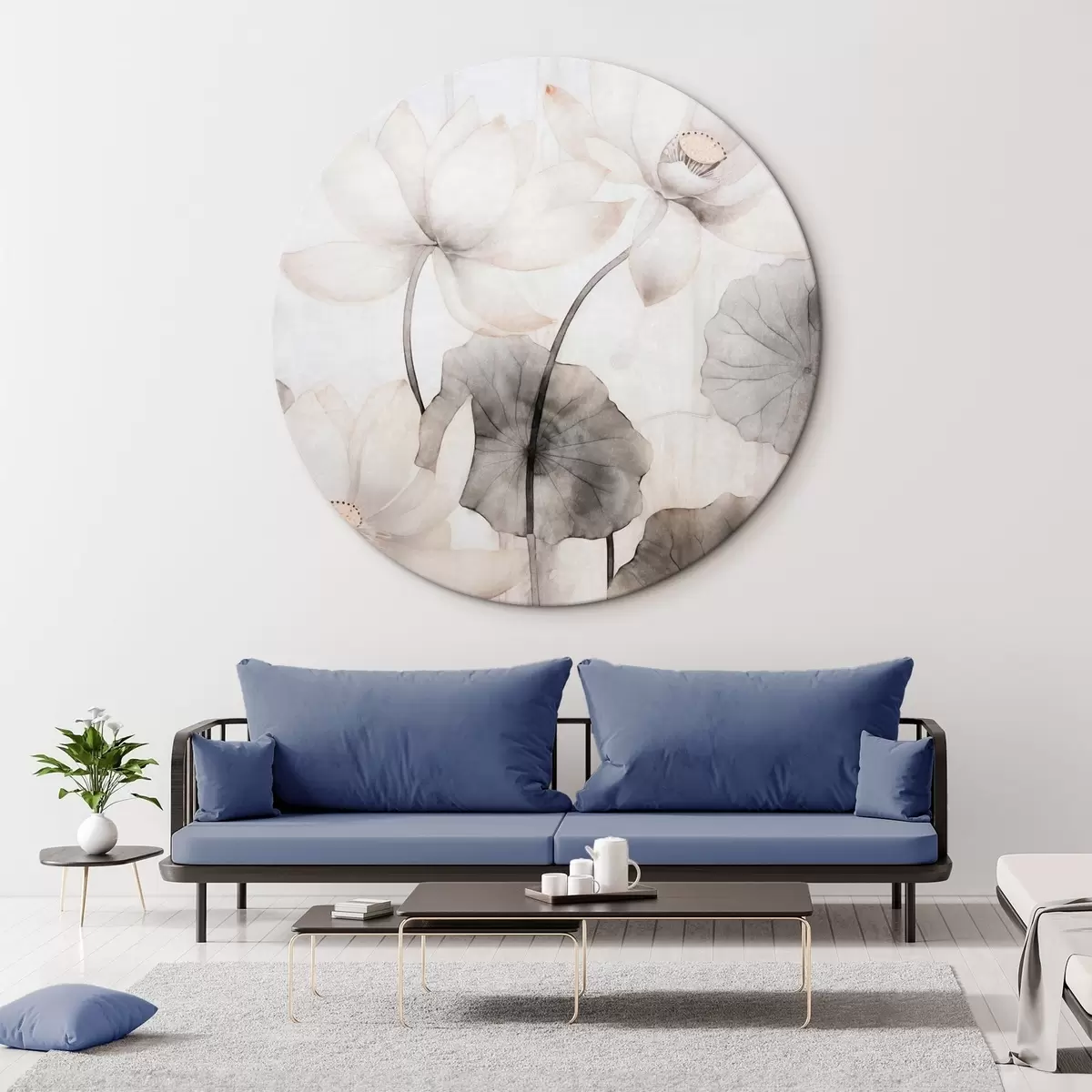 Okrúhle obrazy Biele textúrované kvety lotosu s tmavými listami, svetlé pozadie, minimalistický dizajn r45937