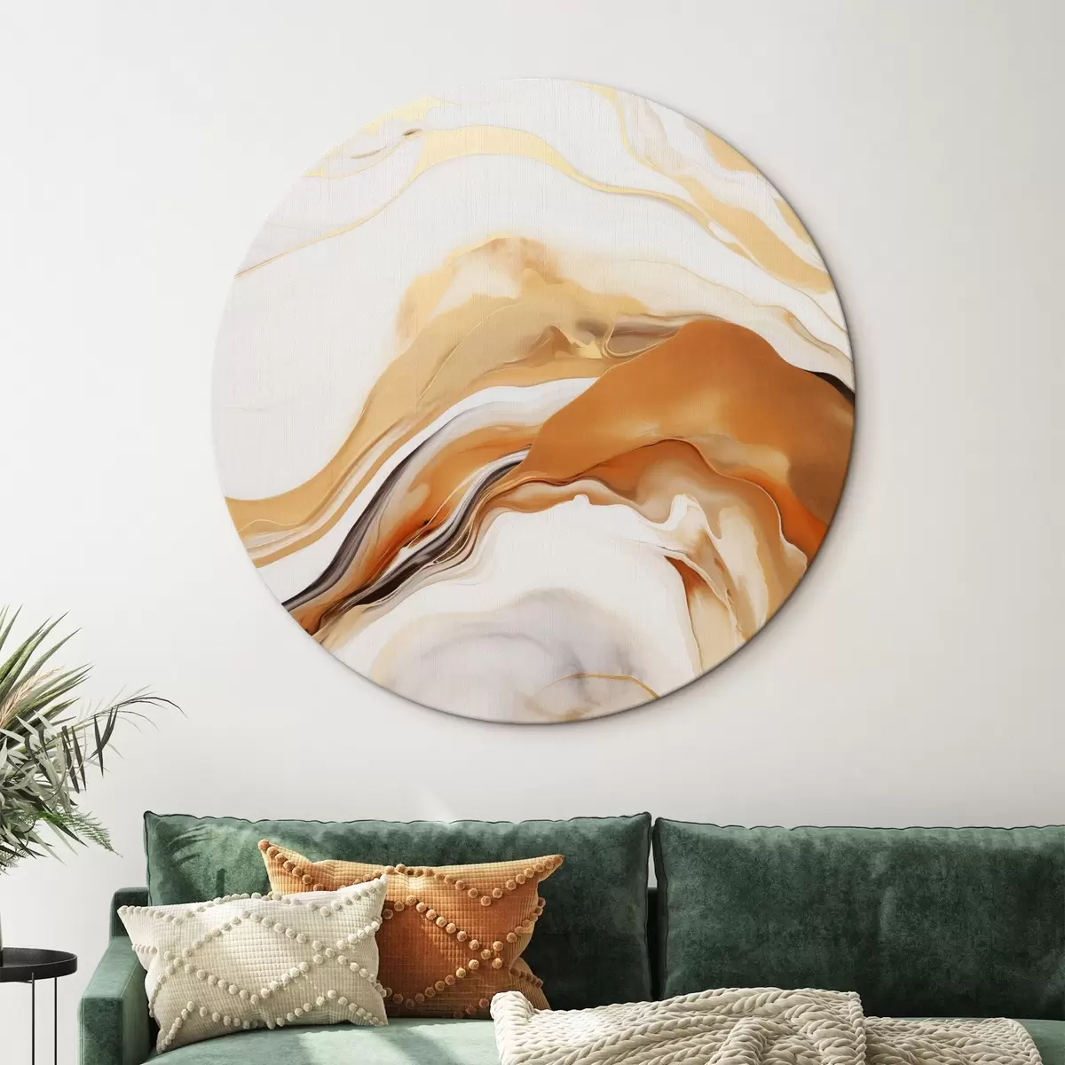 Okrúhle obrazy Abstraktná maľba s plynulými tvarmi v odtieňoch bielej, oranžovej a hnedej, minimalistická r45938