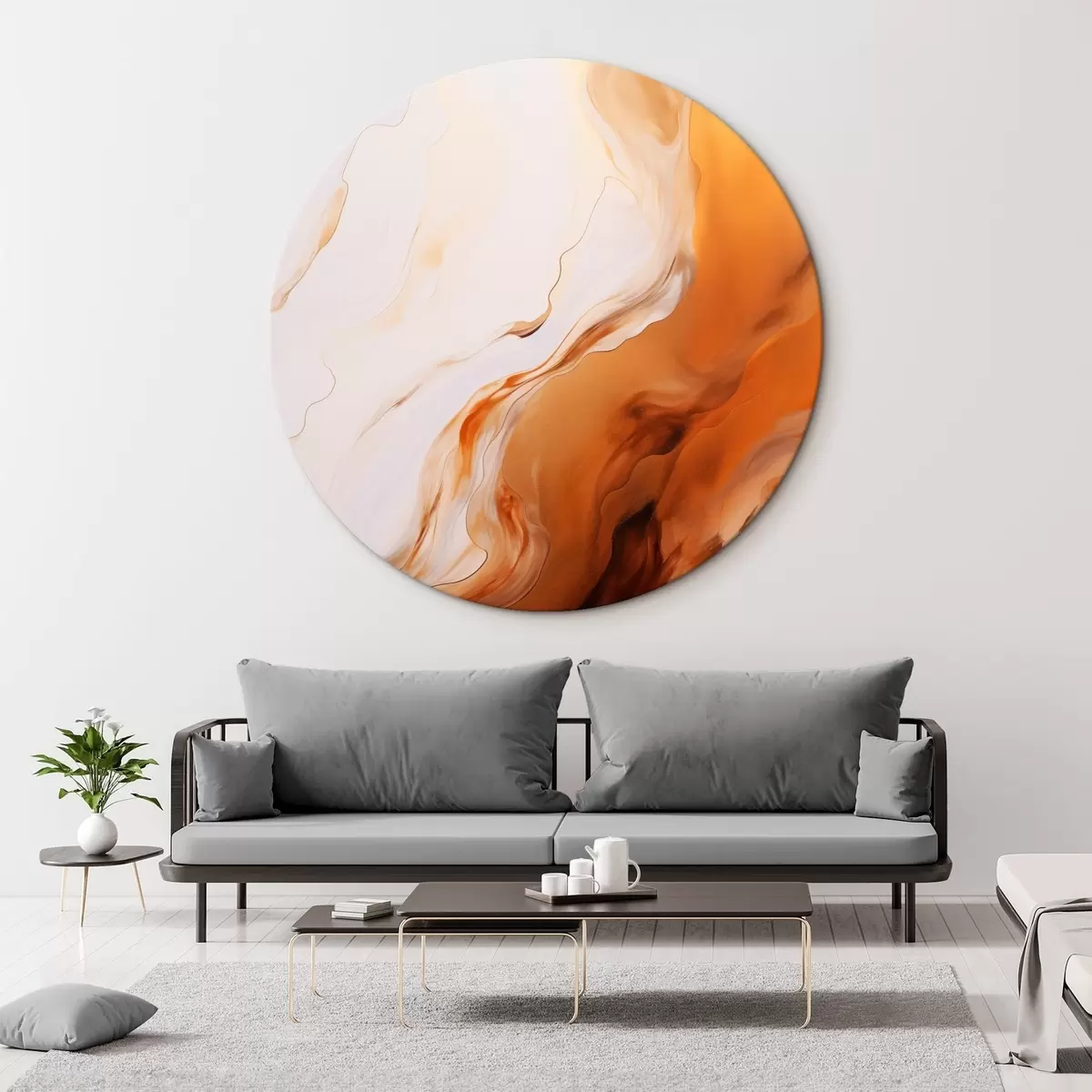 Okrúhle obrazy Imitácia abstraktnej maľby s bielou a oranžovou farbou, fluidné umenie s vlnitými líniami, moderné umenie r45939 Okrúhle obrazy Imitácia abstraktnej maľby s bielou a oranžovou farbou, fluidné umenie s vlnitými líniami, moderné umenie r45939