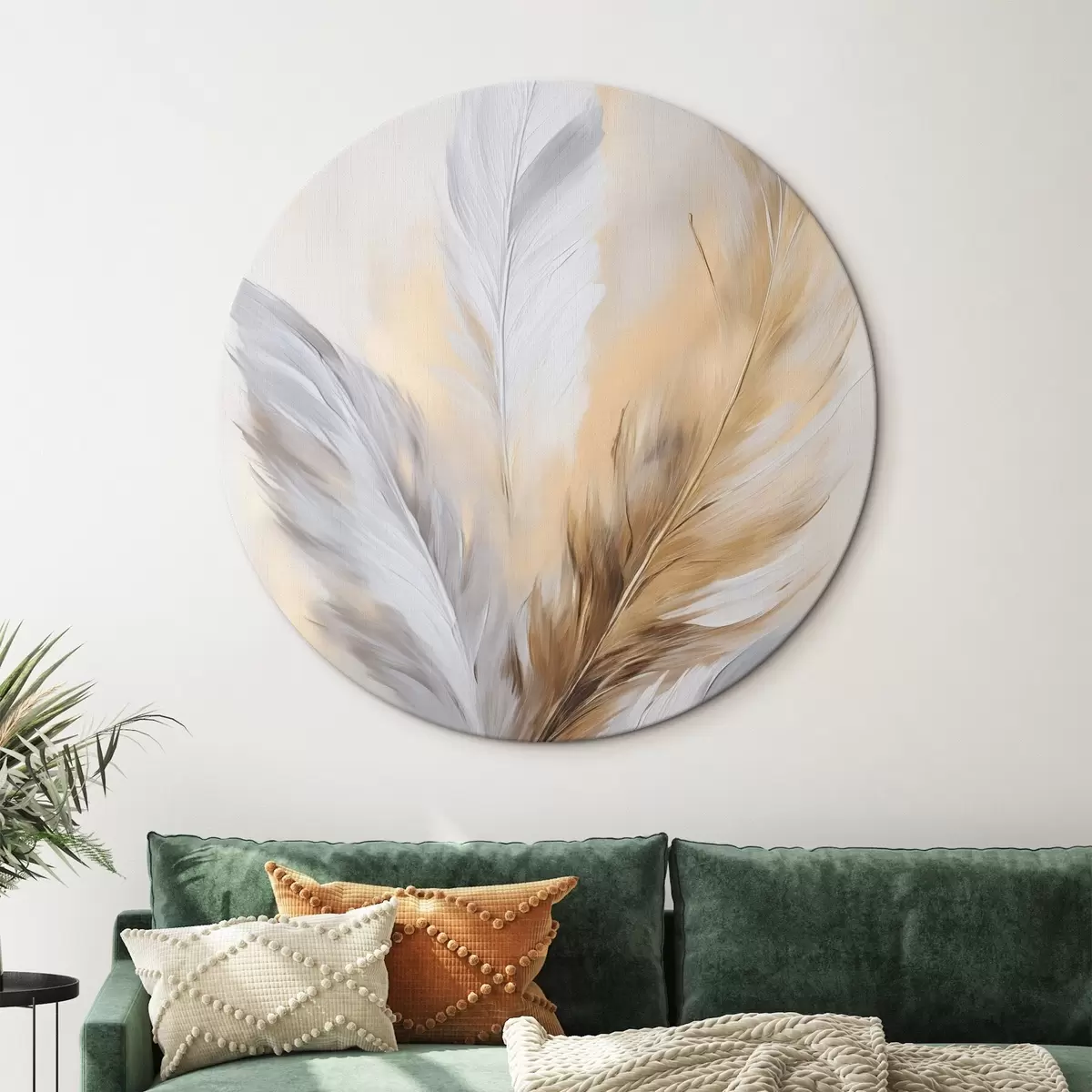 Okrúhle obrazy Perie s oranžovými akcentmi, textúrovaná minimalistická kompozícia, moderné umenie r45945