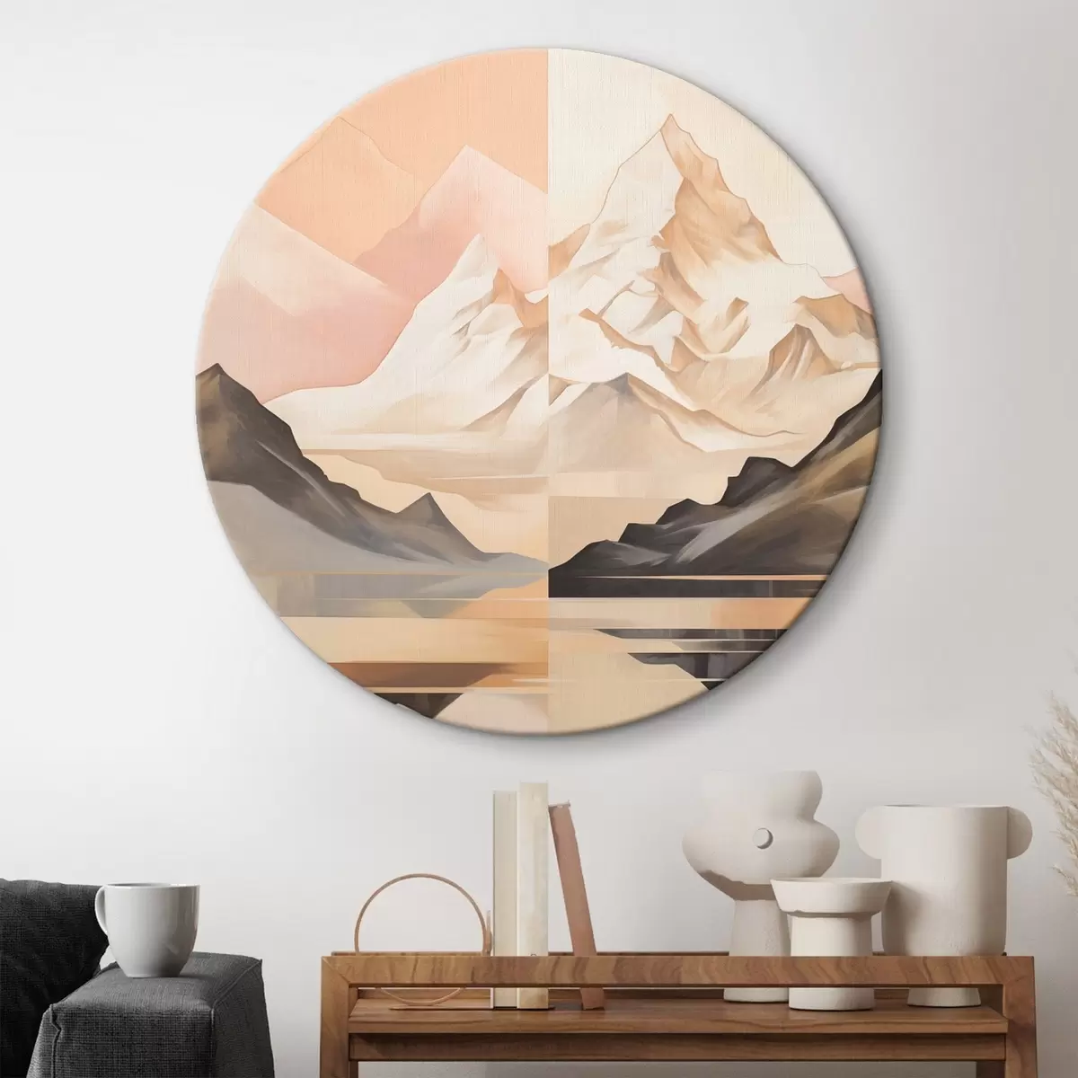 Okrúhle obrazy Abstraktná krajina s horami a jazerom, pastelové farby, minimalistický štýl r45948