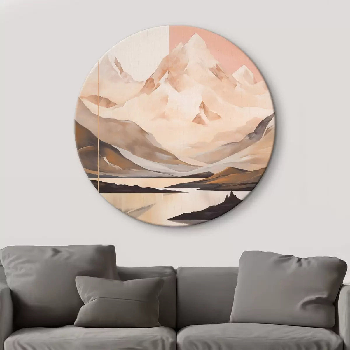 Okrúhle obrazy Abstraktná krajina s horami a jazerom, pastelové farby, minimalistický štýl r45949