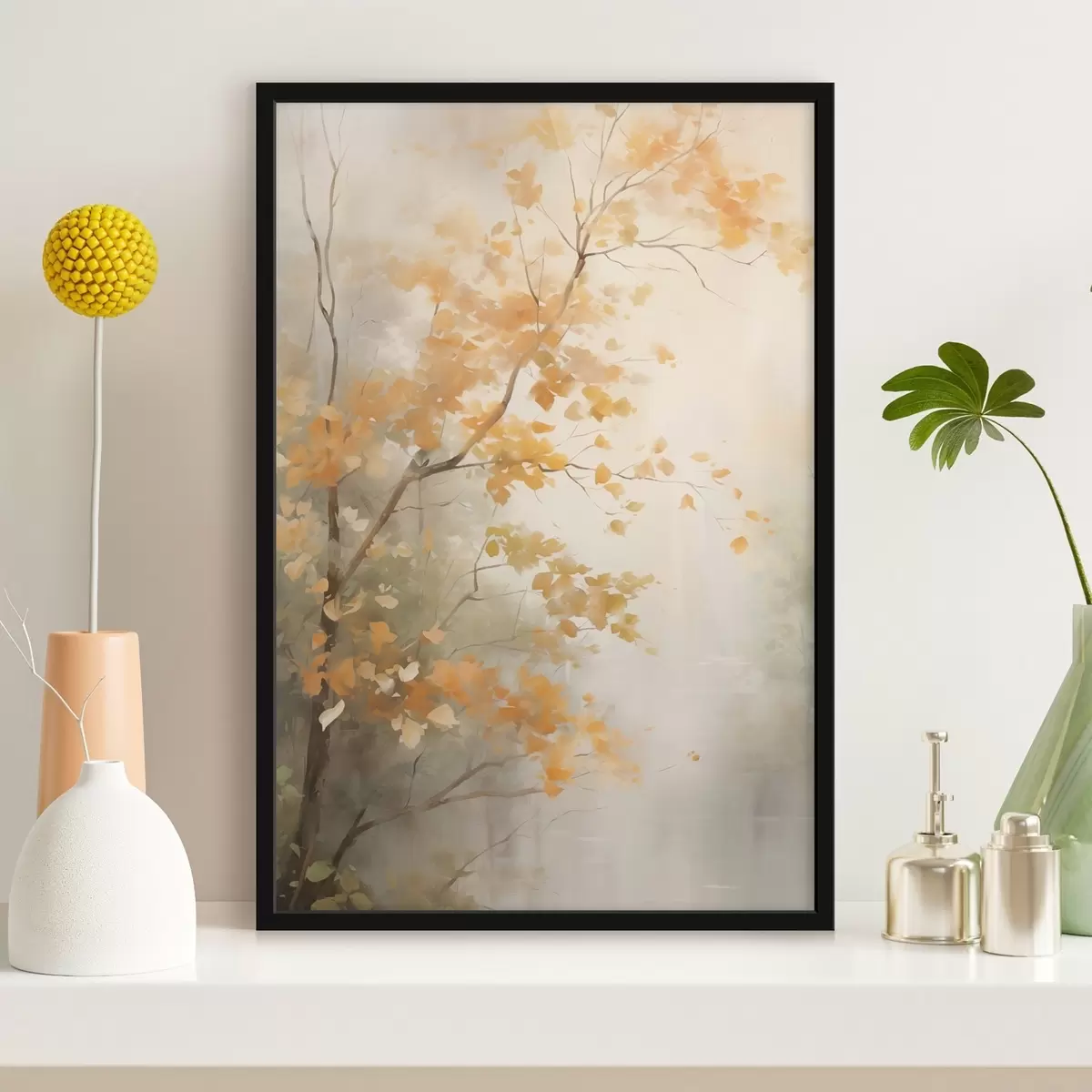 Plagáty Jesenné konáre stromov s oranžovými listami v lese s mäkkým svetlom f45940