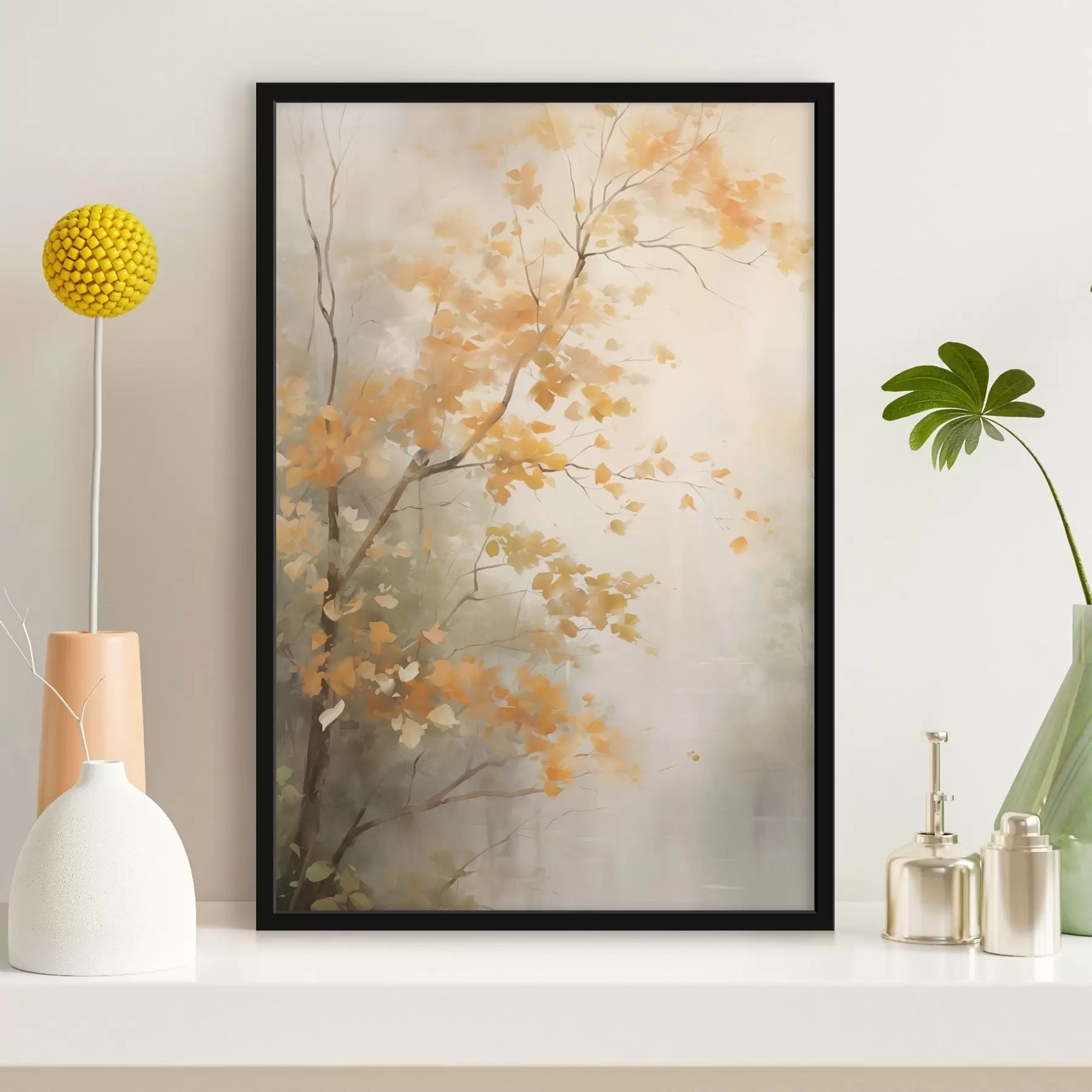 Fototapety Jesenné konáre stromov s oranžovými listami v lese s mäkkým svetlom f45940