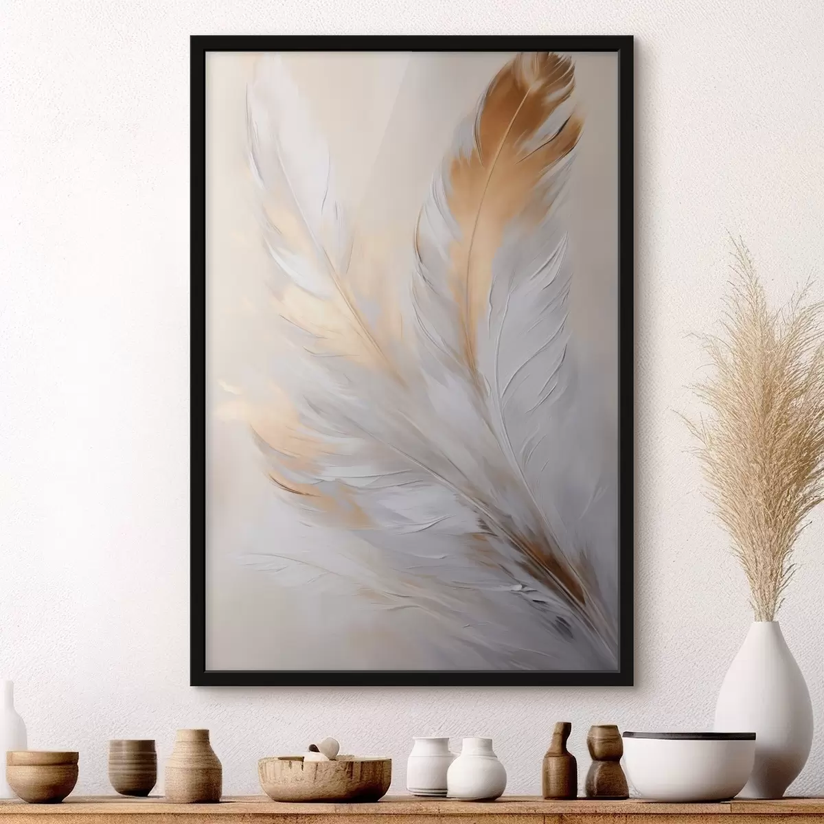 Plagáty Perie s oranžovými akcentmi, mäkké osvetlenie, textúrovaná minimalistická kompozícia, moderné umenie f45944