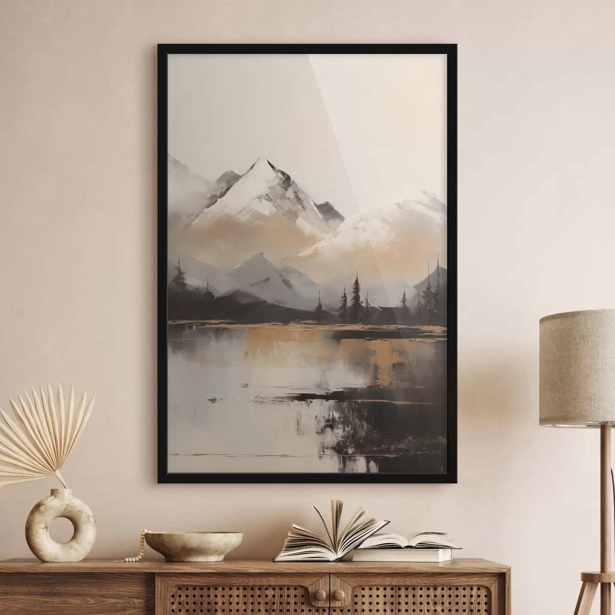 Plagáty Zasnežené hory s textúrou a niekoľkými stromami pred jazerom f45951