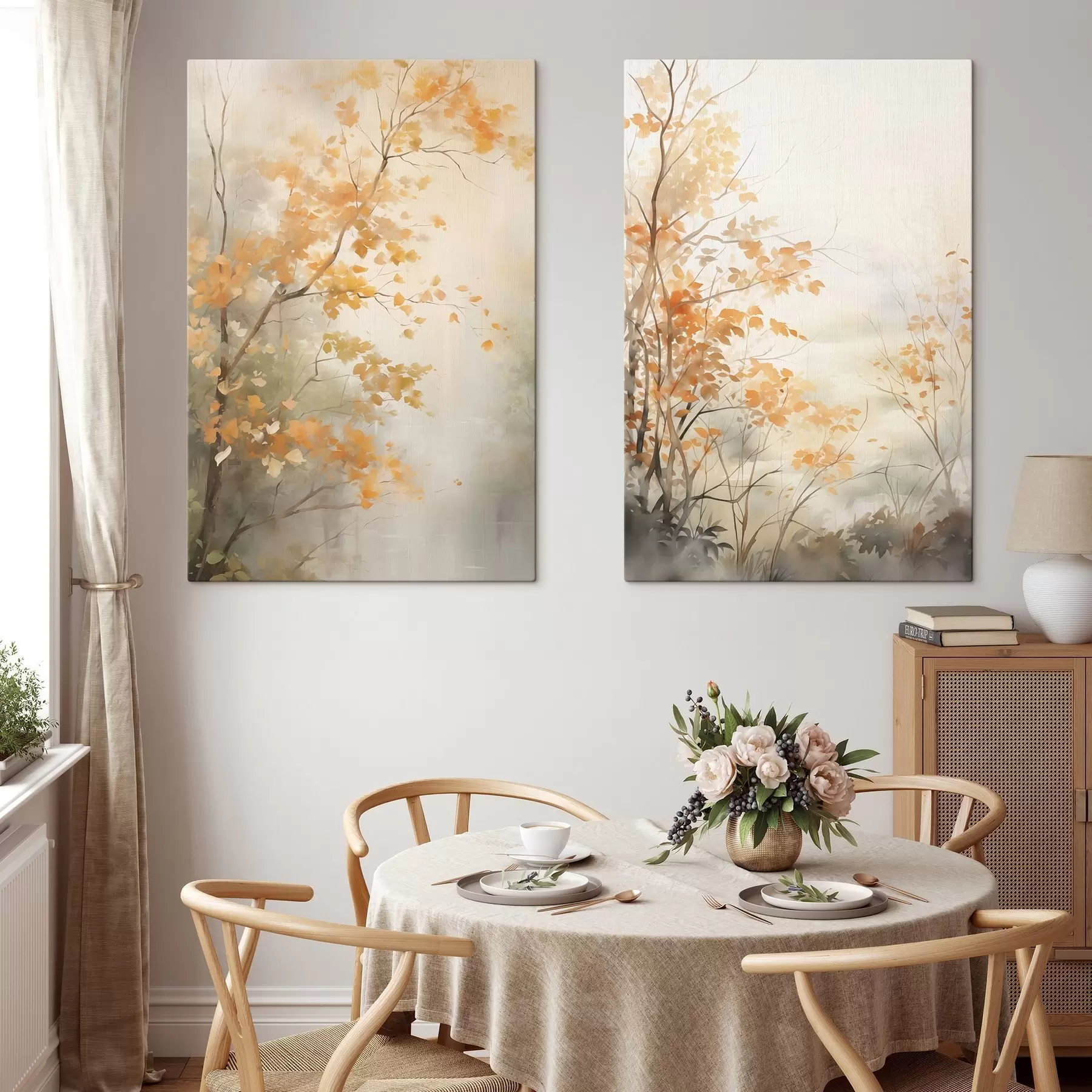 Obraz Jesenné stromy s oranžovými listami a vetvami, jemný akvarelový štýl, jemné ťahy štetcom m00826