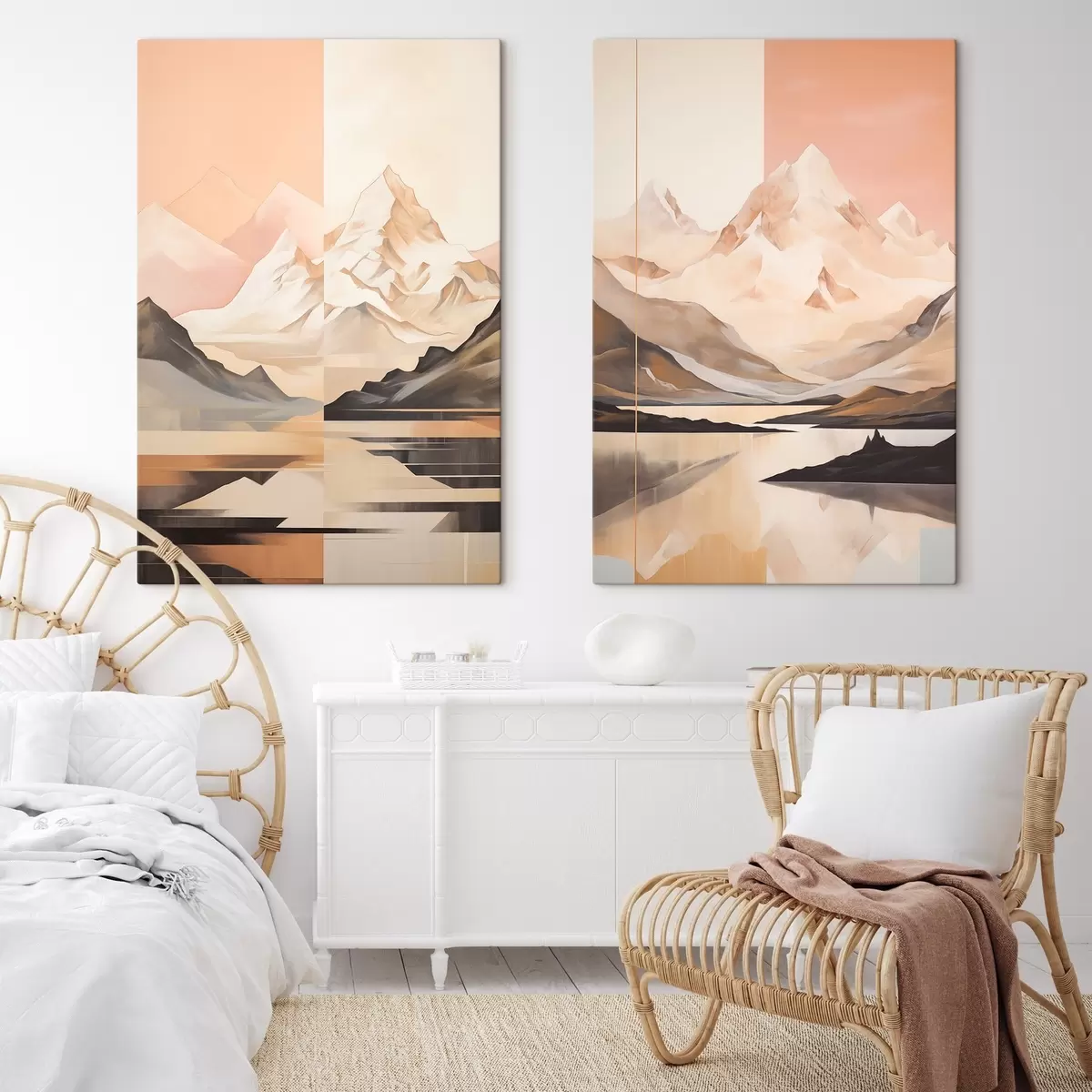 Obraz Abstraktná krajina s horami a jazerom, pastelové farby, minimalistický štýl m00830