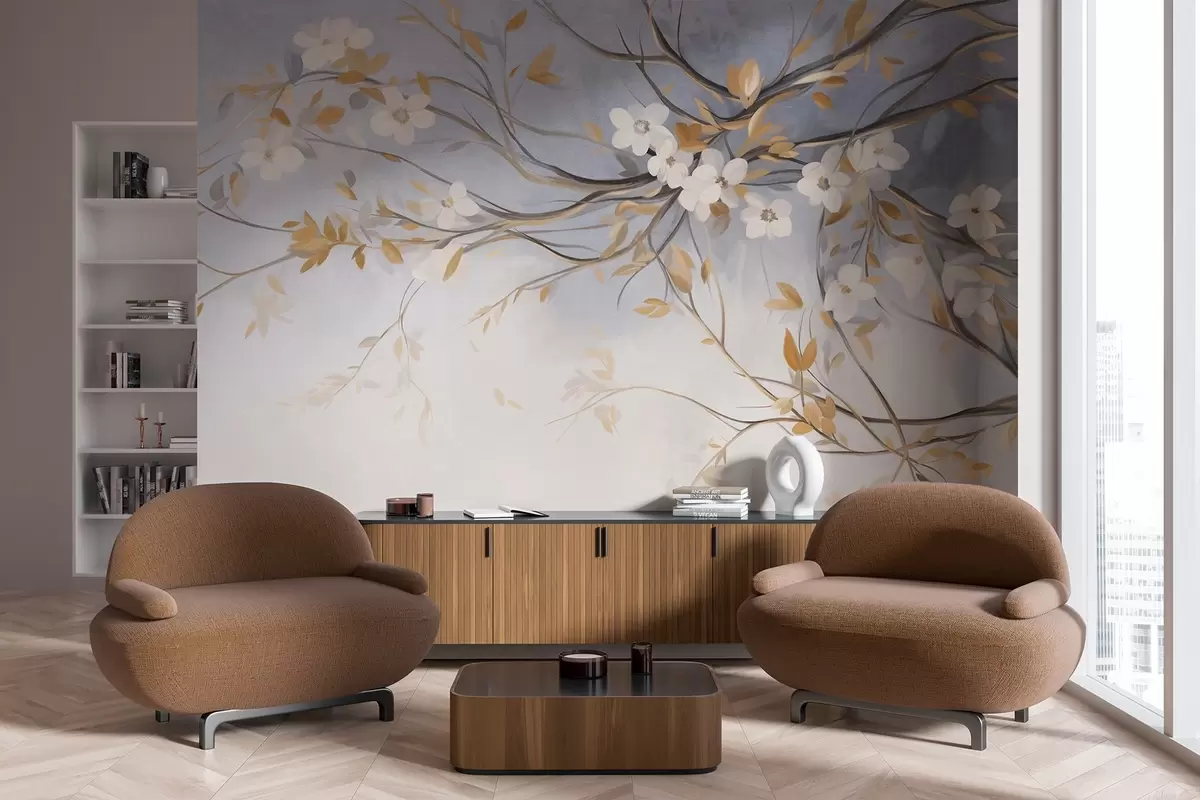 Fototapety Biele kvety s oranžovými listami na vetve stromu, svetlo modré textúrované pozadie, jemné ťahy štetcom w09415