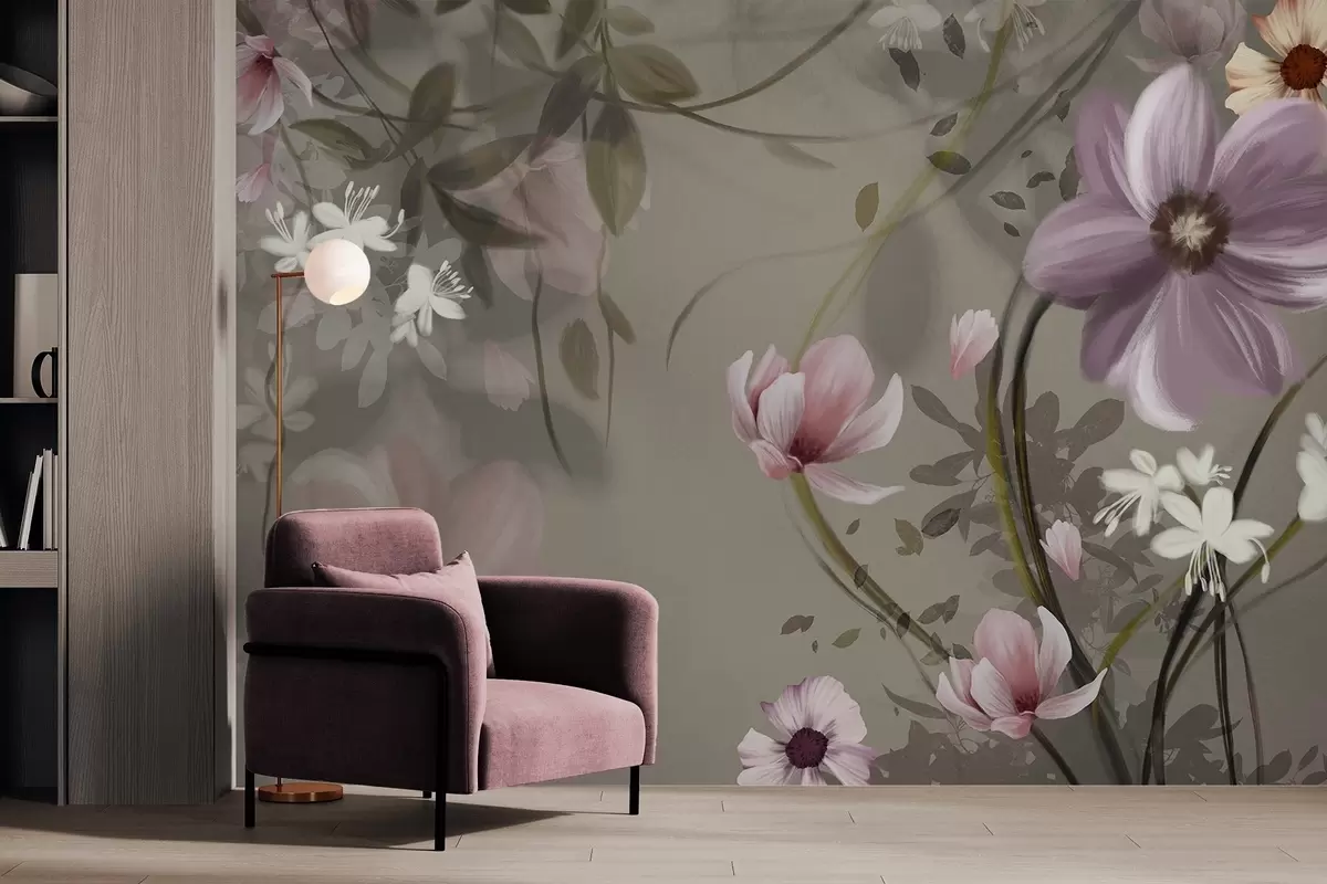 Fototapety Ružové a biele kvety s hnedými stonkami a listami, mäkké osvetlenie, tlmené farby, kvetinová výzdoba w09417