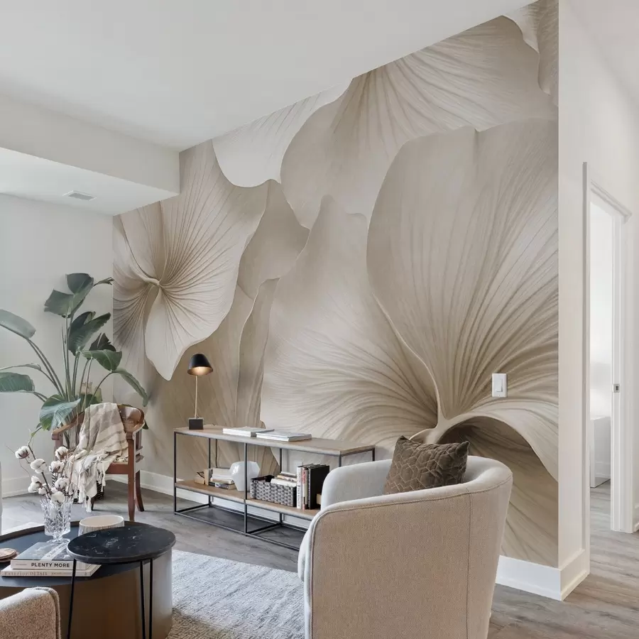 Fototapety Biele a béžové listy ginkga, jemná textúra, abstraktné kvetinové pozadie, minimalistický moderný štýl w09421v1