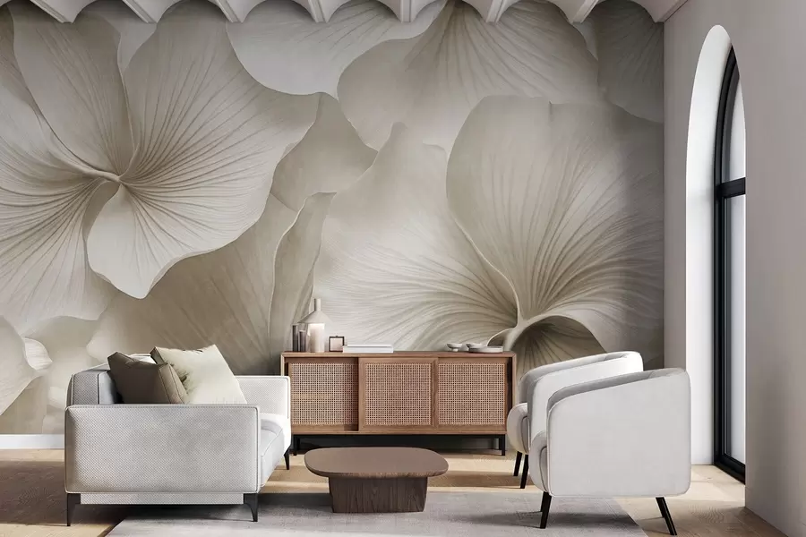 Fototapety Biele a béžové listy ginkga, jemná textúra, abstraktné kvetinové pozadie, minimalistický moderný štýl w09421v1