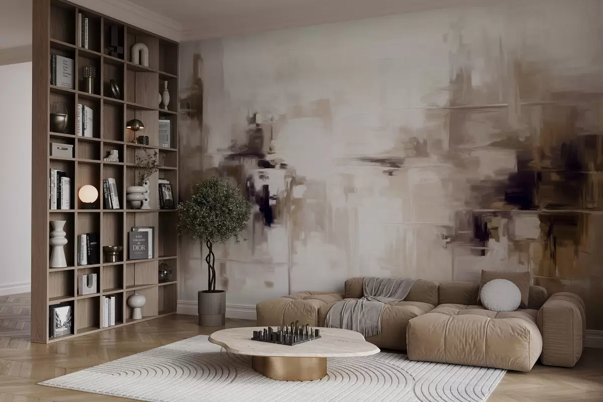 Fototapety Abstraktná textúrovaná imitácia krajinomaľby s hnedými a bielymi ťahmi štetcom, moderný štýl w09422v1